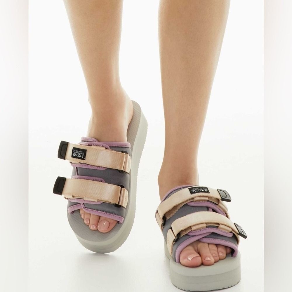 Suicoke MOTO-VPO Platform Sandals Beige Purple Womens Size 7 Vibram Sole