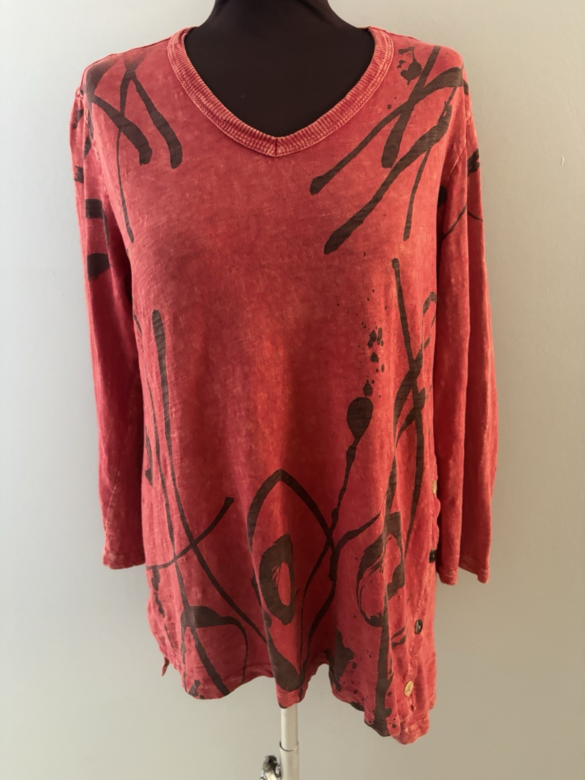 Jess & Jane Tunic Top Size M Red Mineral Wash Buttons Lagenlook Oversize *