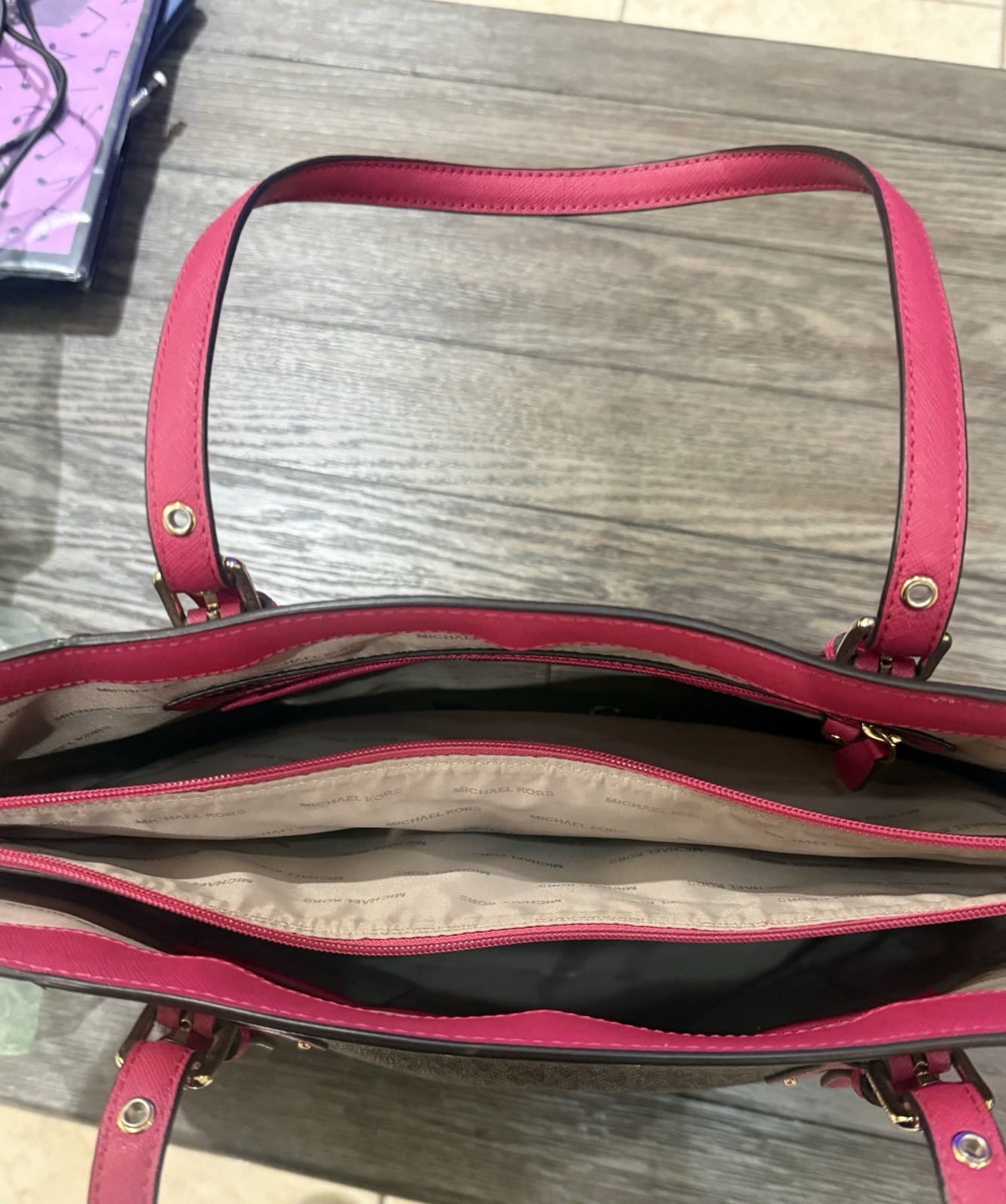 Michael Kors Logo Tote Bag Brown/Pink Double Handles Zip Gold Hardware