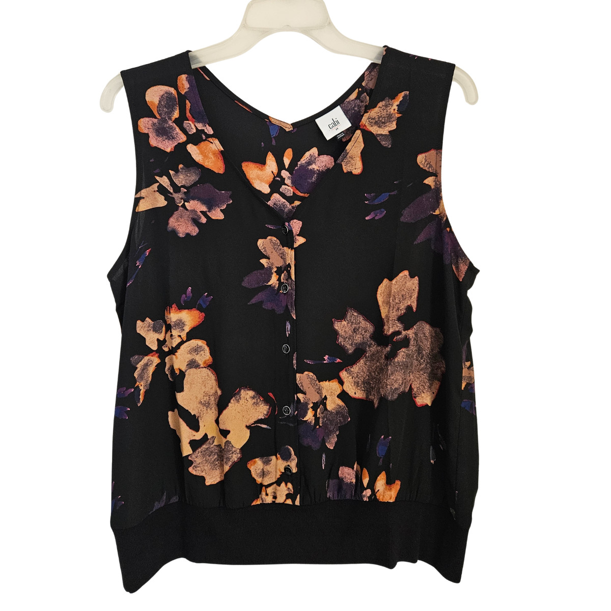 Cabi ButtonUp Blouse Medium Black Tan Fall Leaves Sleeveless V-neck Top Band Hem