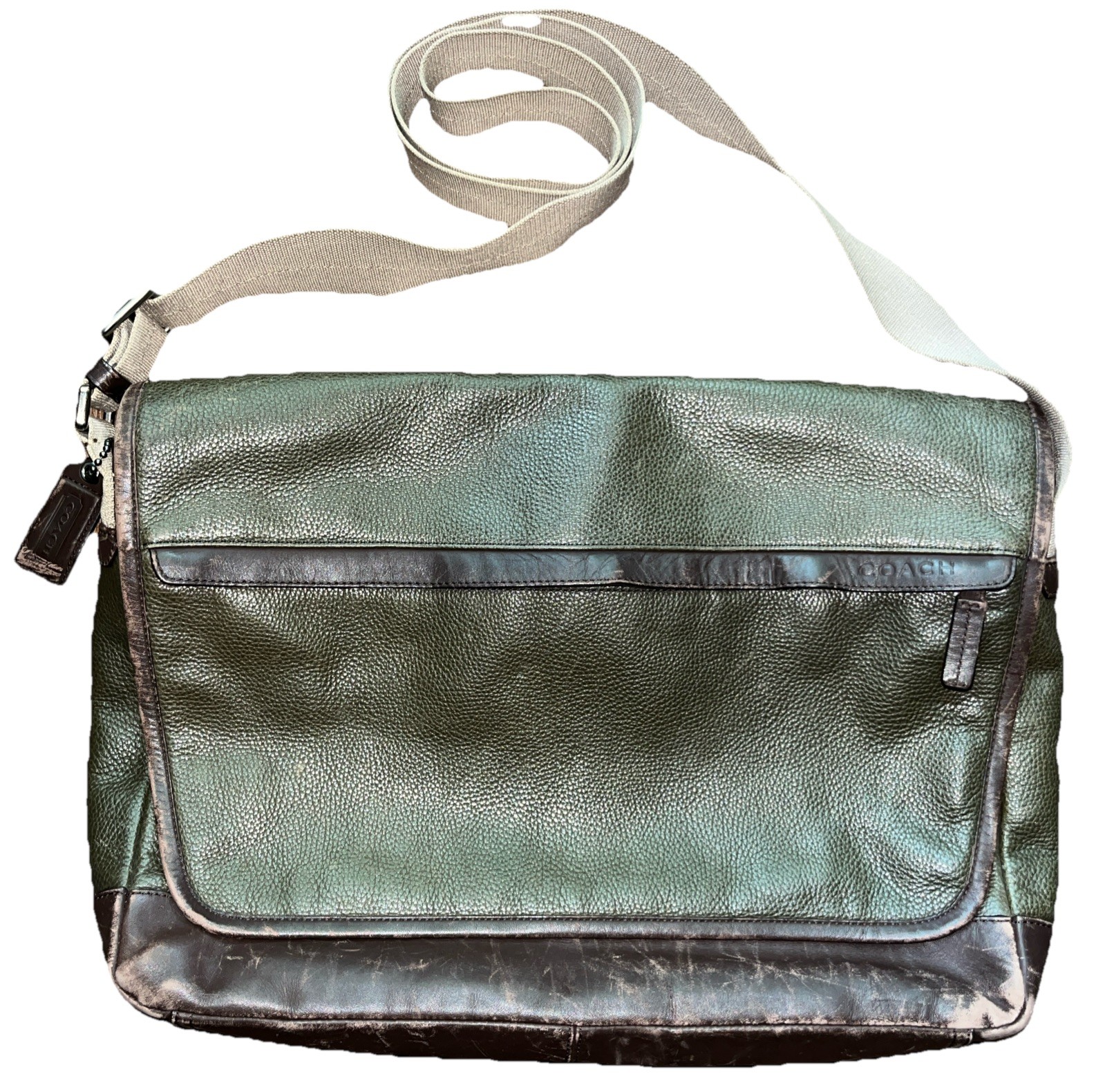 Coach Camden Leather Map Bag Messenger Crossbody Green Brown Two Tone F70924