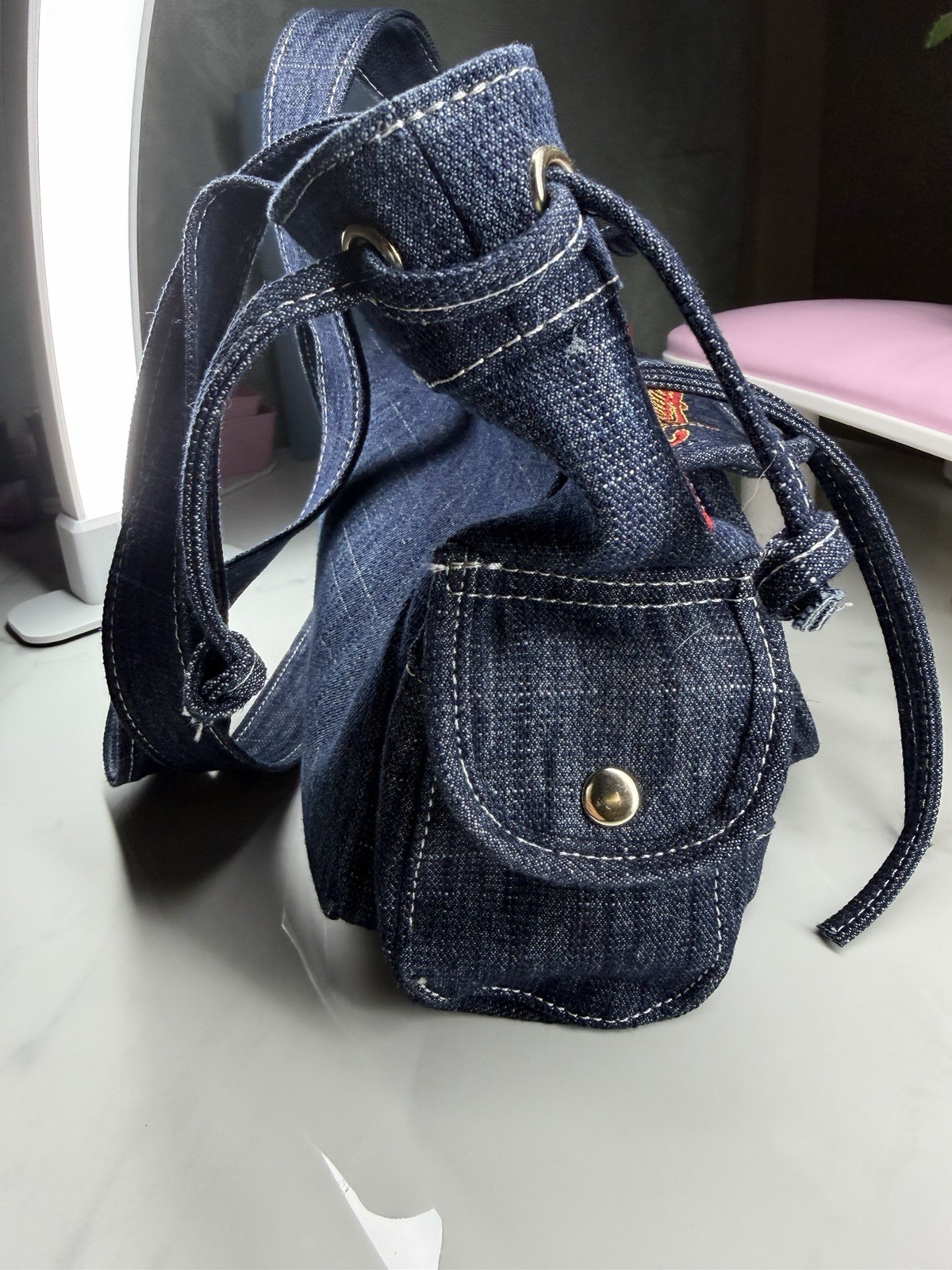 True Religion Blue Logo Tote Bag Zip Closure Detachable Strap Gold Hardware