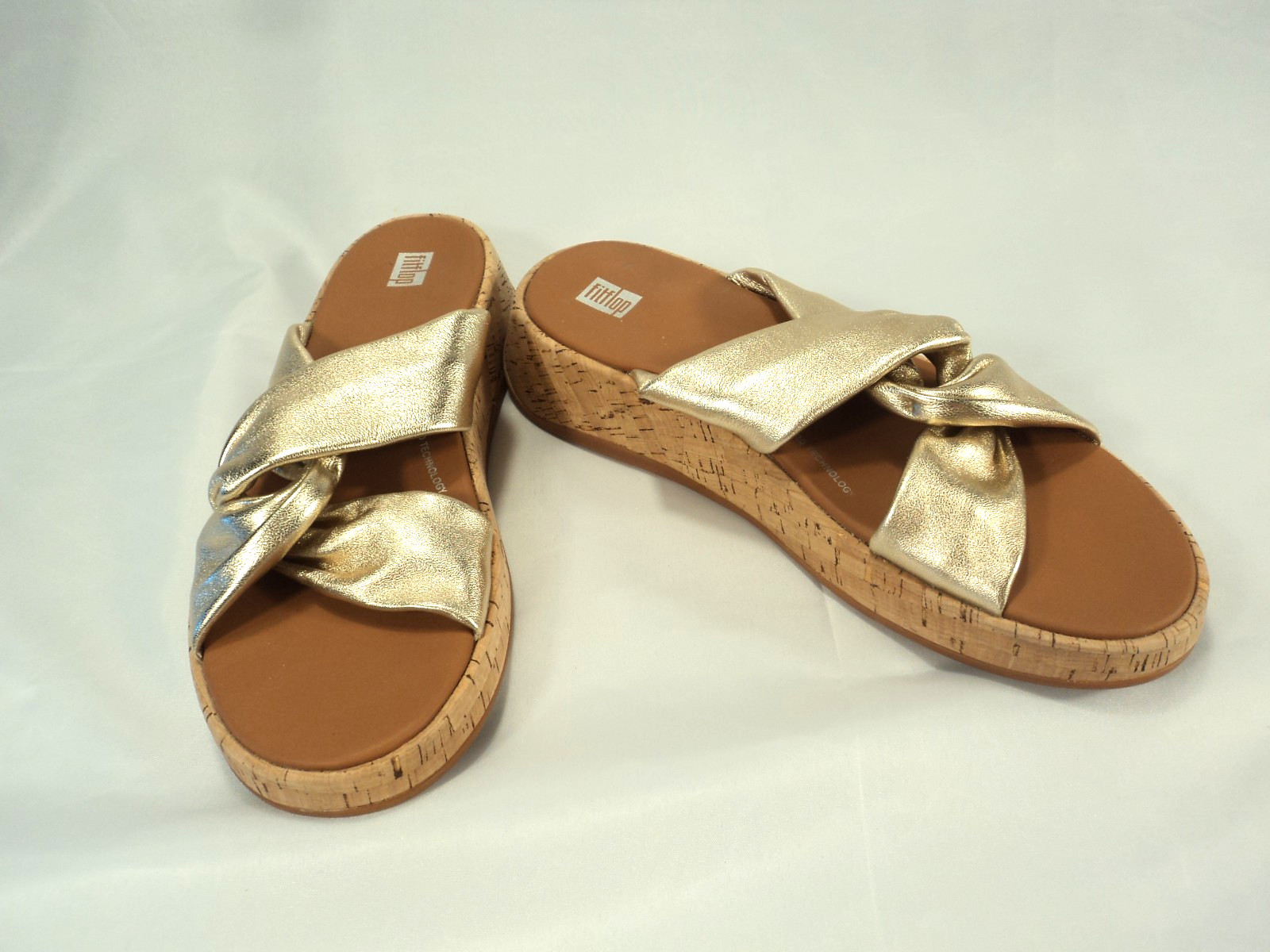 FitFlop F-Mode Leather-Twist Flatform Slides-Cork Wrap in Gold Sz 10 NWOB