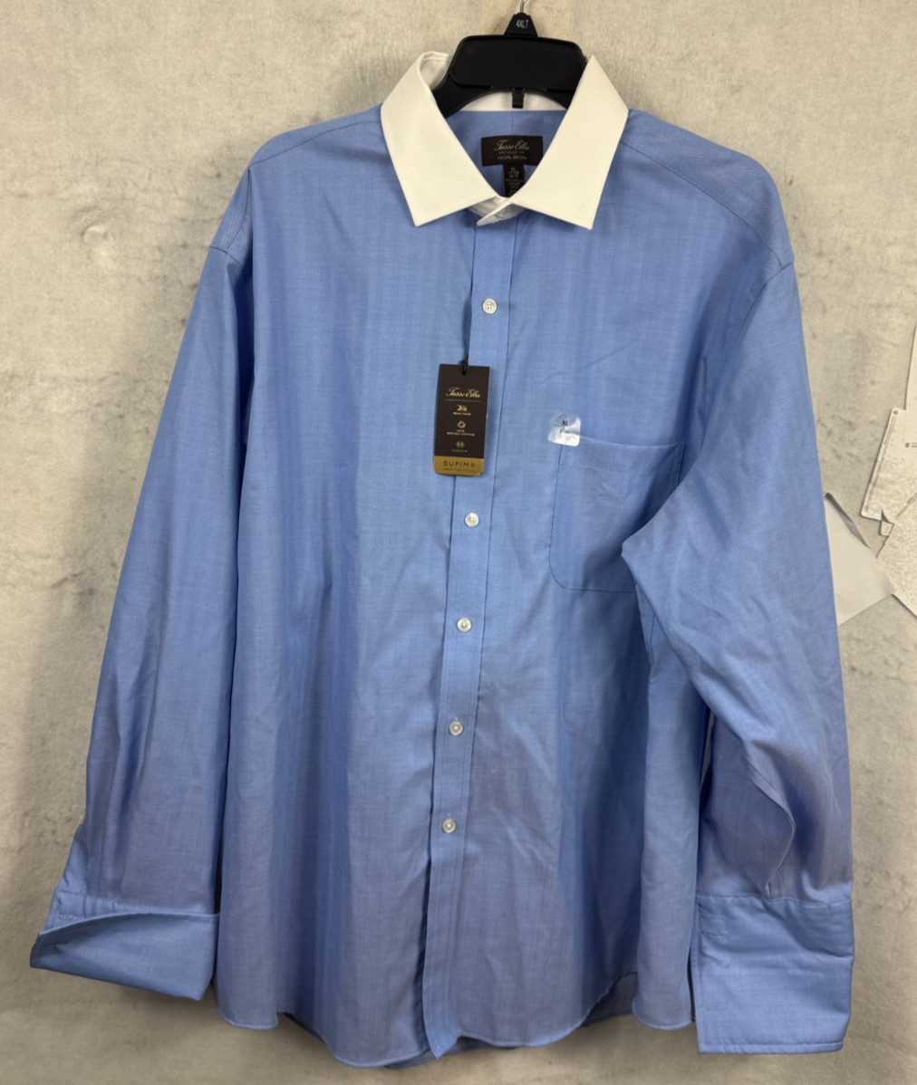 Tasso Elba Regular Fit Non-Iron Mens Dress Shirt 17.5-34/35 Blue White XL New