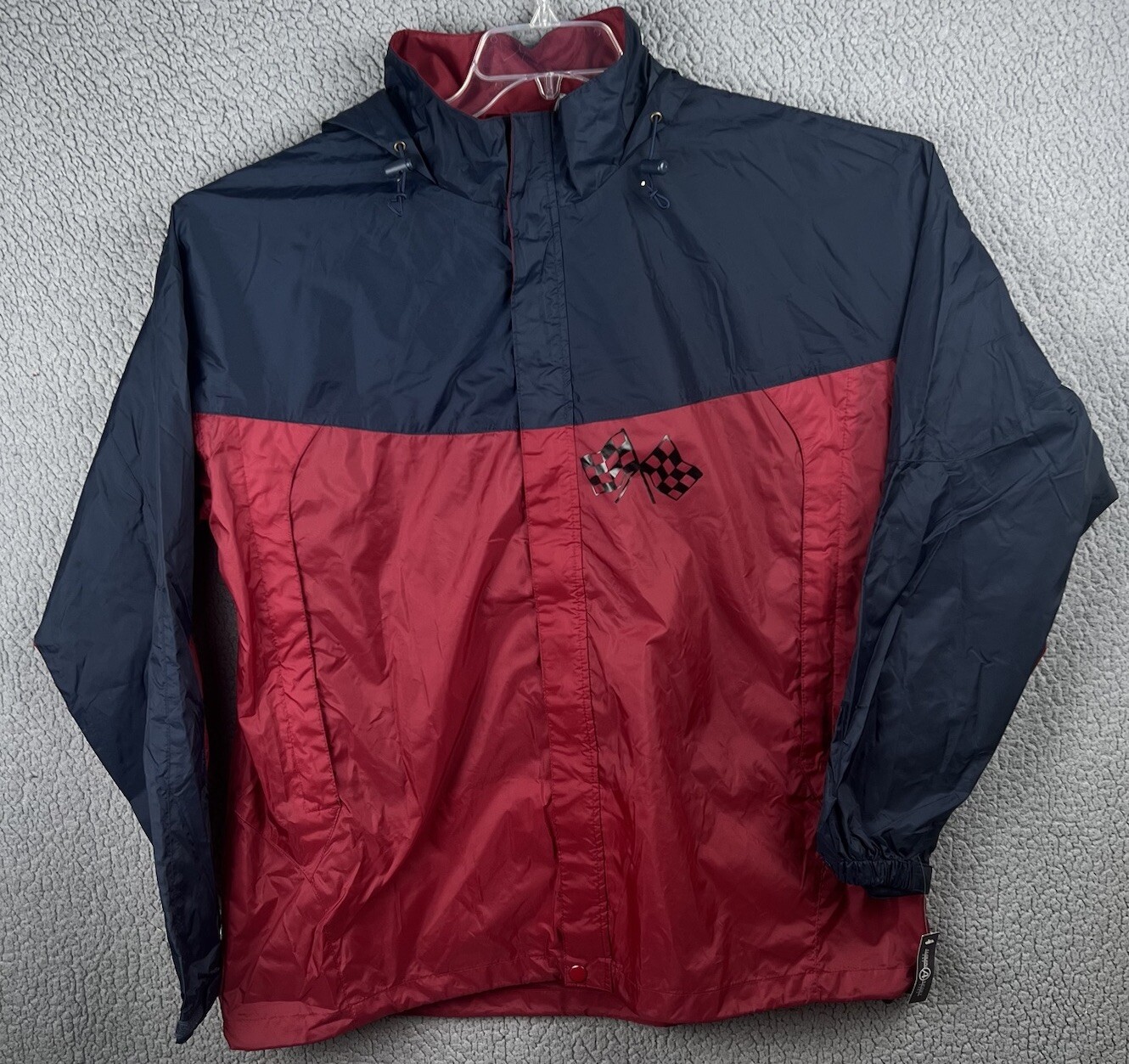 Auburn Sportswear Windbreaker Jacket Mens XL Blue Red Racing Checkered Flag Hood