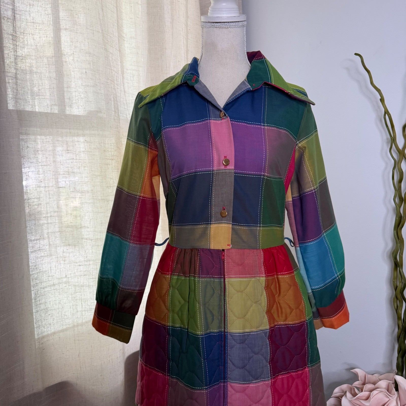 60s/70s Vintage Penneys Loungewear Quilted Rainbow Patchwork Maxi Dress Robe S