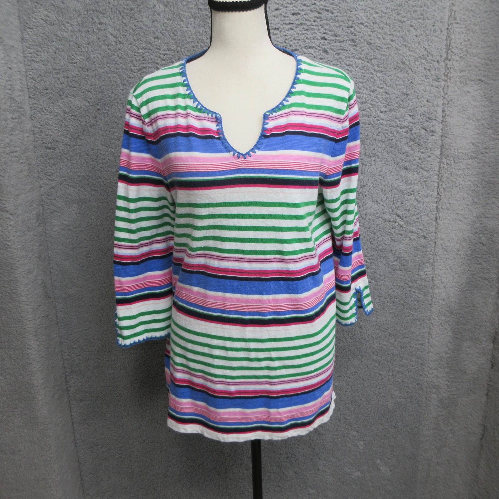 Talbots Linen Blend Tunic Top Women M Blue Green Striped Coastal Nautical Resort