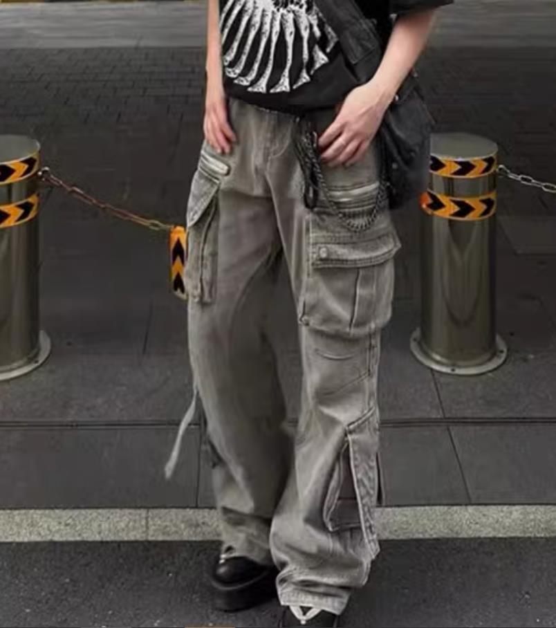 Men’s Gray Denim Jeans Straight Leg Big Pockets Casual Punk Hip Hop Trousers New