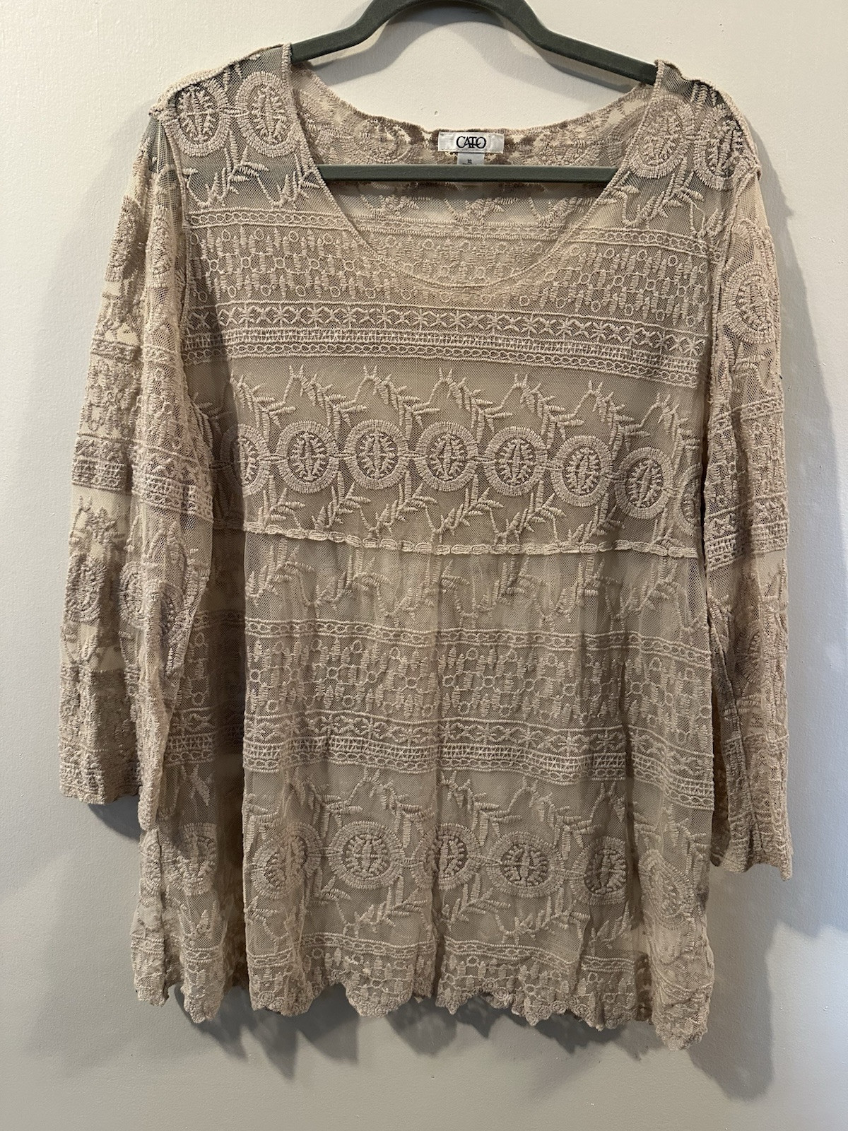 Woman Lace Top Semi Sheer Taupe Round Neck Size XL