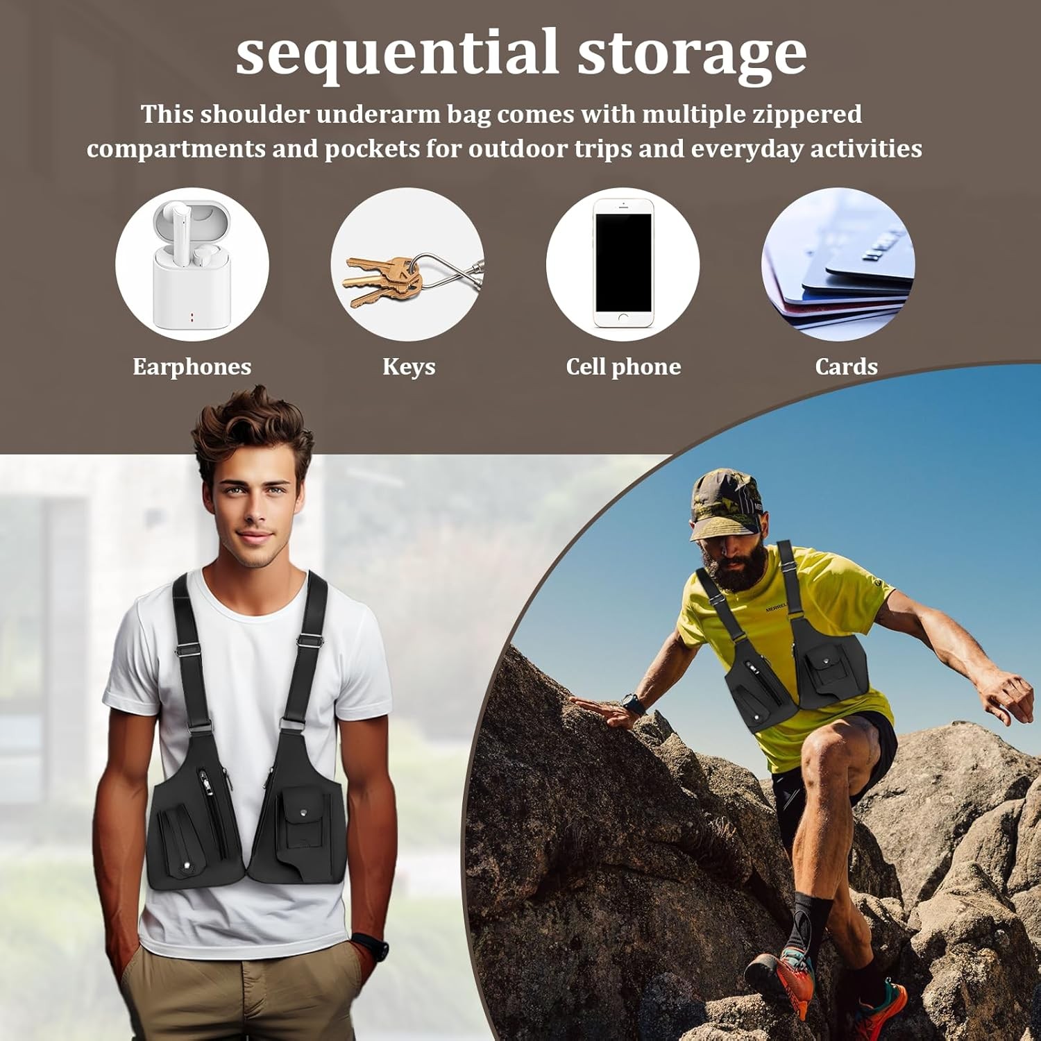Double Shoulder Armpit Bag for Men, Anti-theft Bag with Double Shoulder Straps,