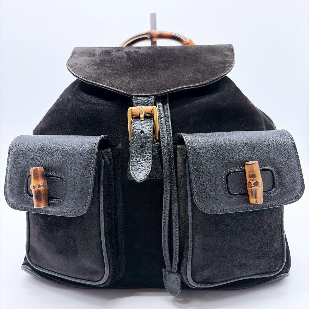 GUCCI Bamboo Suede Rucksack Black Double‑Pocket Turn‑Lock Drawstring Backpack