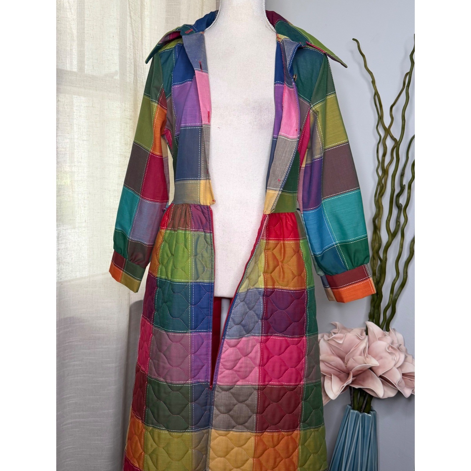 60s/70s Vintage Penneys Loungewear Quilted Rainbow Patchwork Maxi Dress Robe S