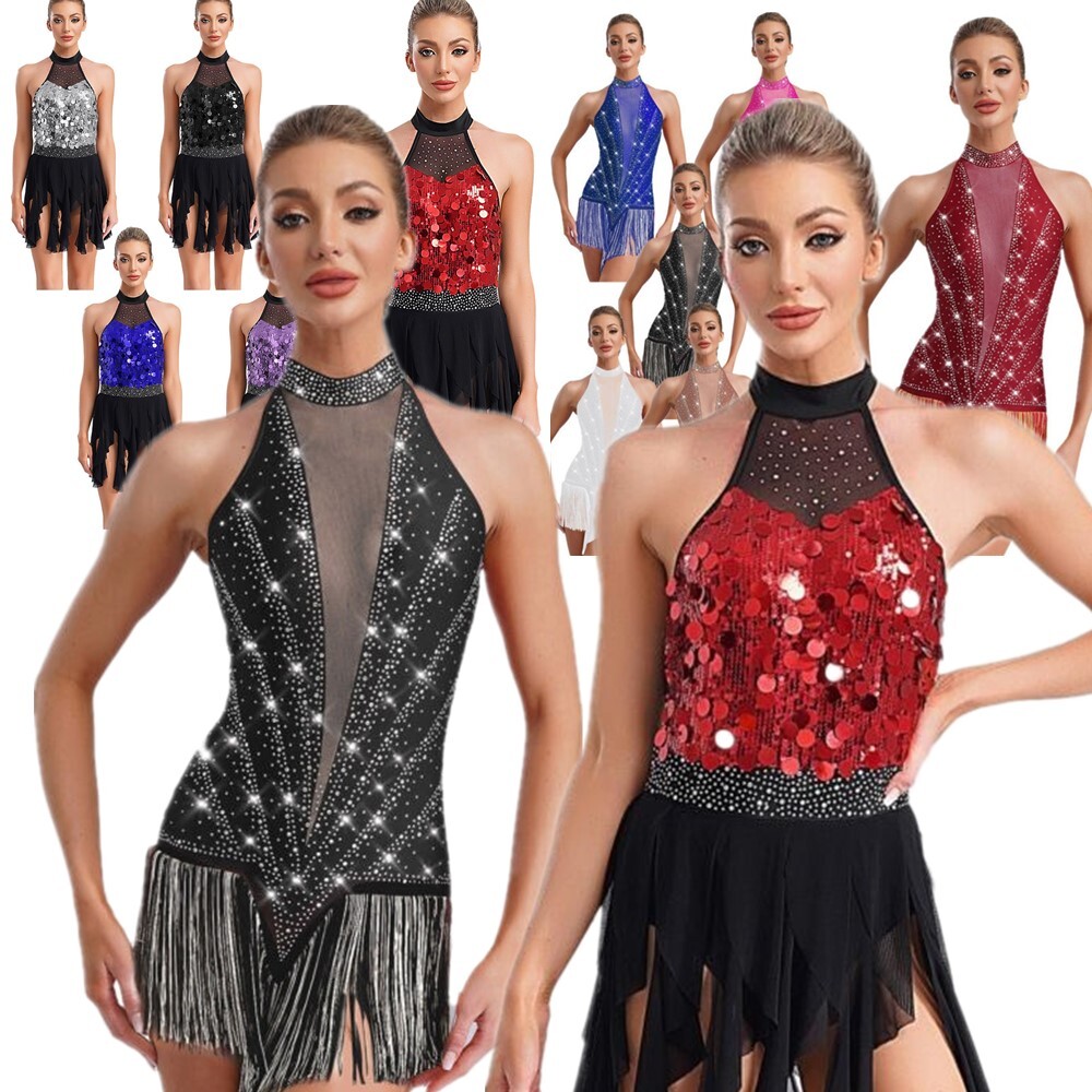 Women~Modern Dance Costume Sleeveless Sequin Tassel Latin Jazz Leotard Bodysuit