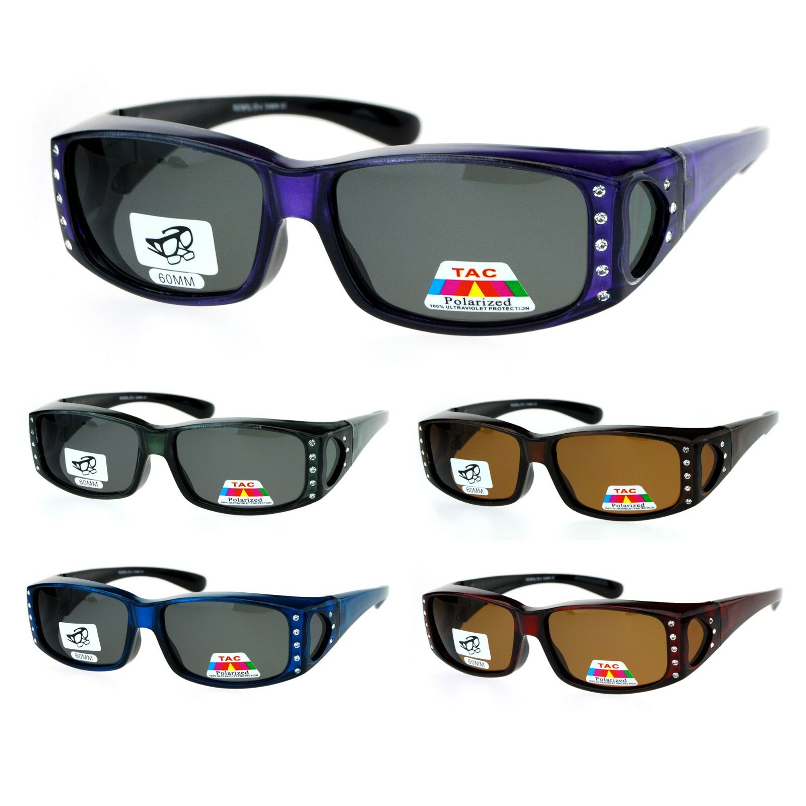 SA106 Womens Rhinestone Polarized Lens Rectangular 60mm Fit Over Sunglasses