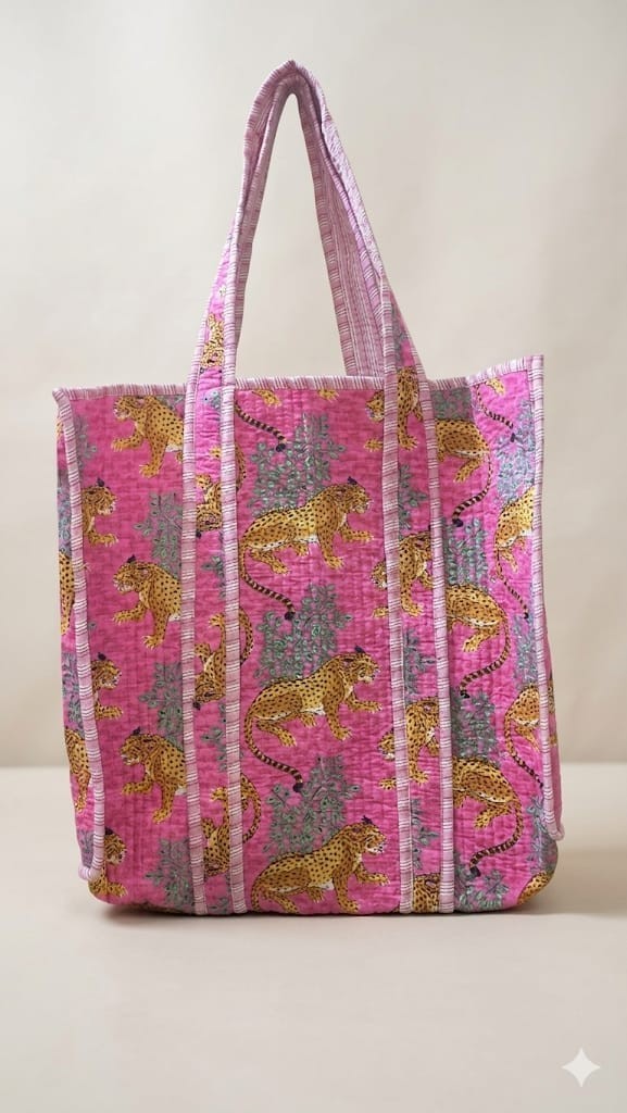 Pink Jungle Leopard Tote Bag Handmade Quilted Cotton Travel Beach Carryall item