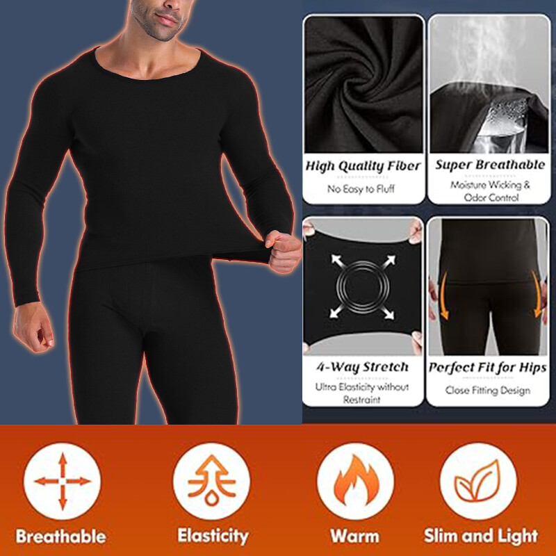 Men’s Long Johns Set Fleece Lined Thermal Underwear Top Bottom Set Winter Warm