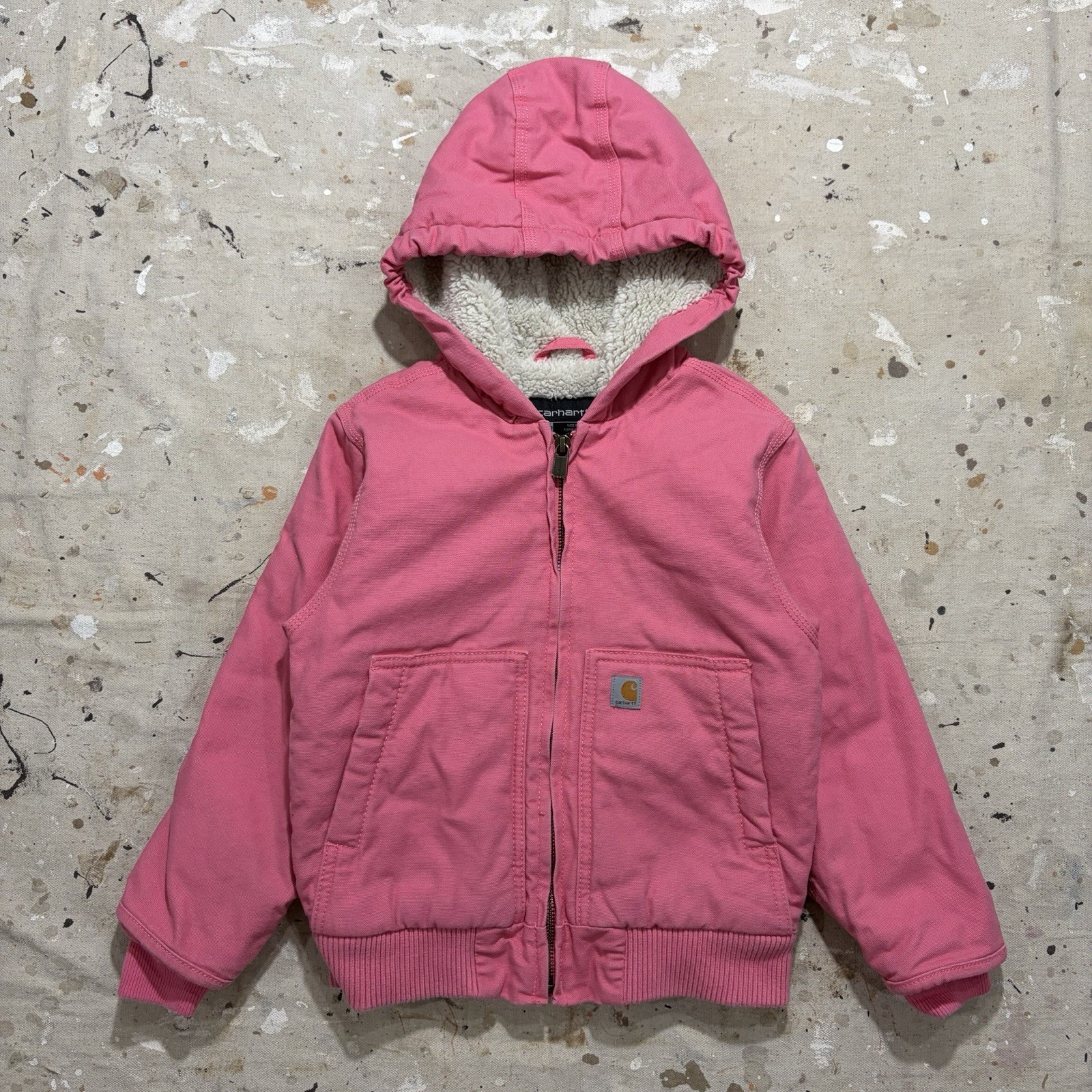 Carhartt Jacket OJ9564-G Girls XXS 4-5 Sherpa Hooded Pink Canvas Full Zip
