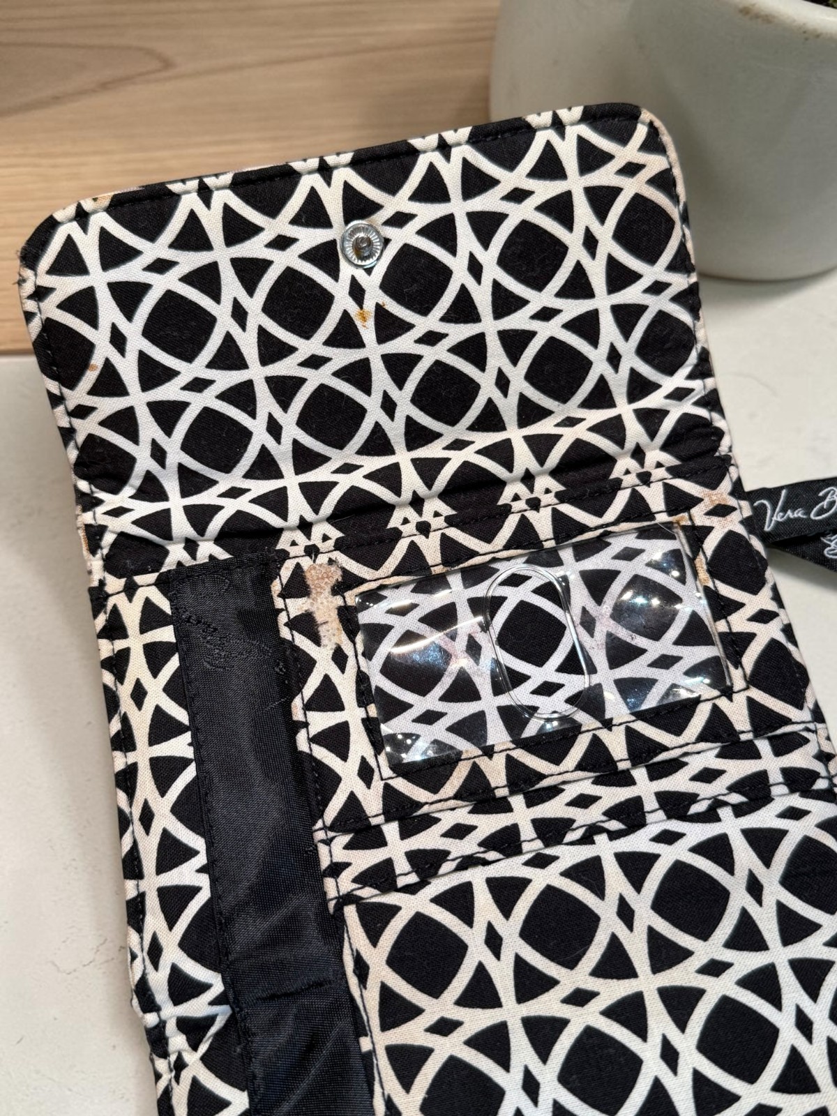 Vera Bradley Fold‑Out Cloth Wallet Black White Snap Side Zip 8 Card Slots