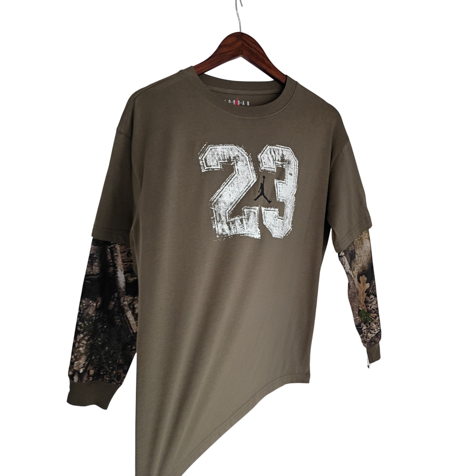 NWT Jordan Jumpman Camo Layered Long Sleeve Tee Olive Green Fits Women S/M
