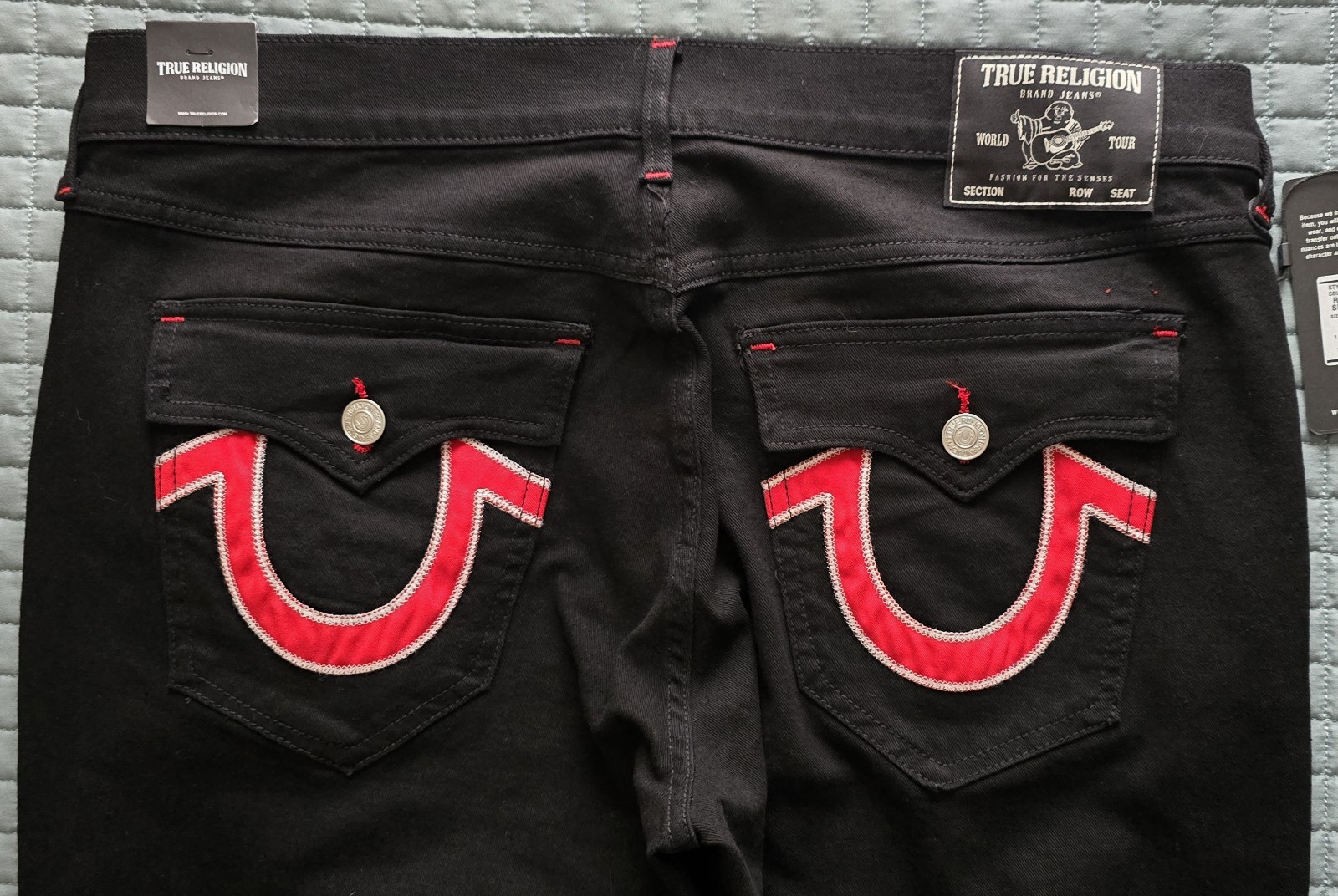 NWT True Religion Ricky Black Jeans Mens 38×30 Red Stitch Relaxed Straight Flap