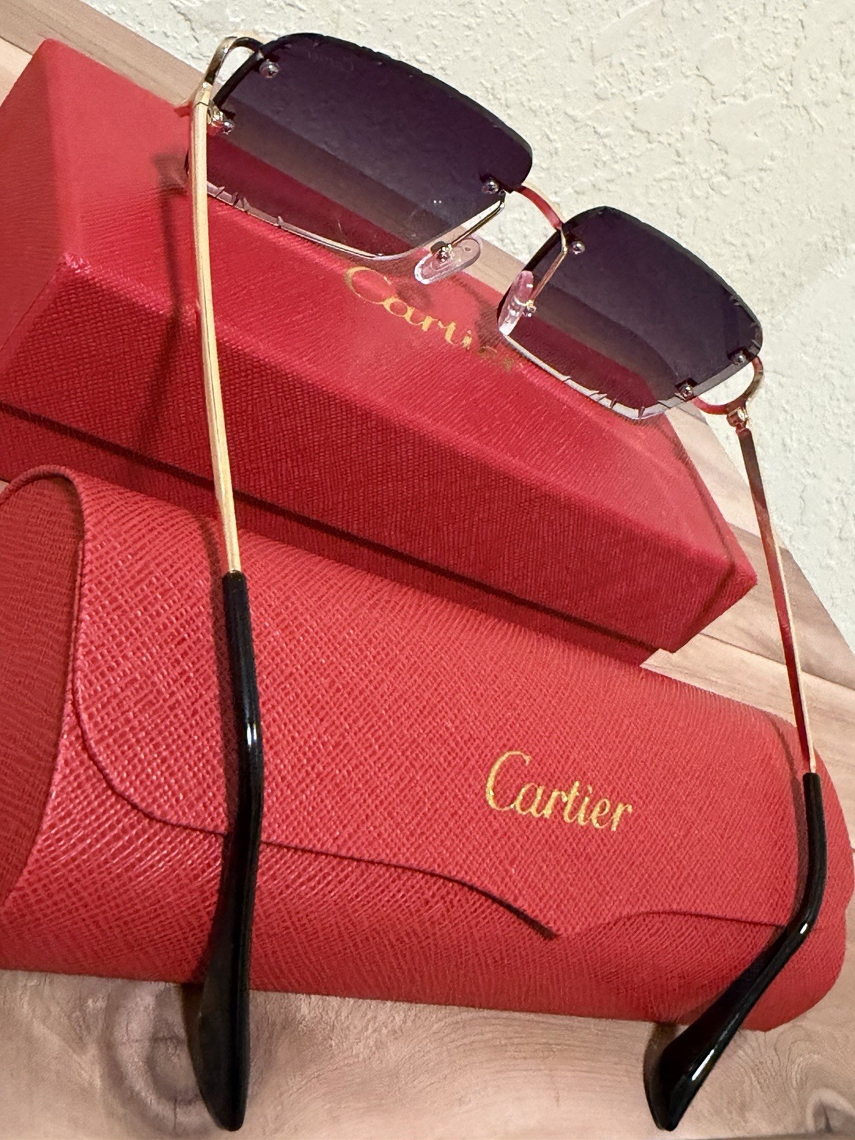 Cartier Big C Diamond Cut Frameless BLACK Lens Gold Frame