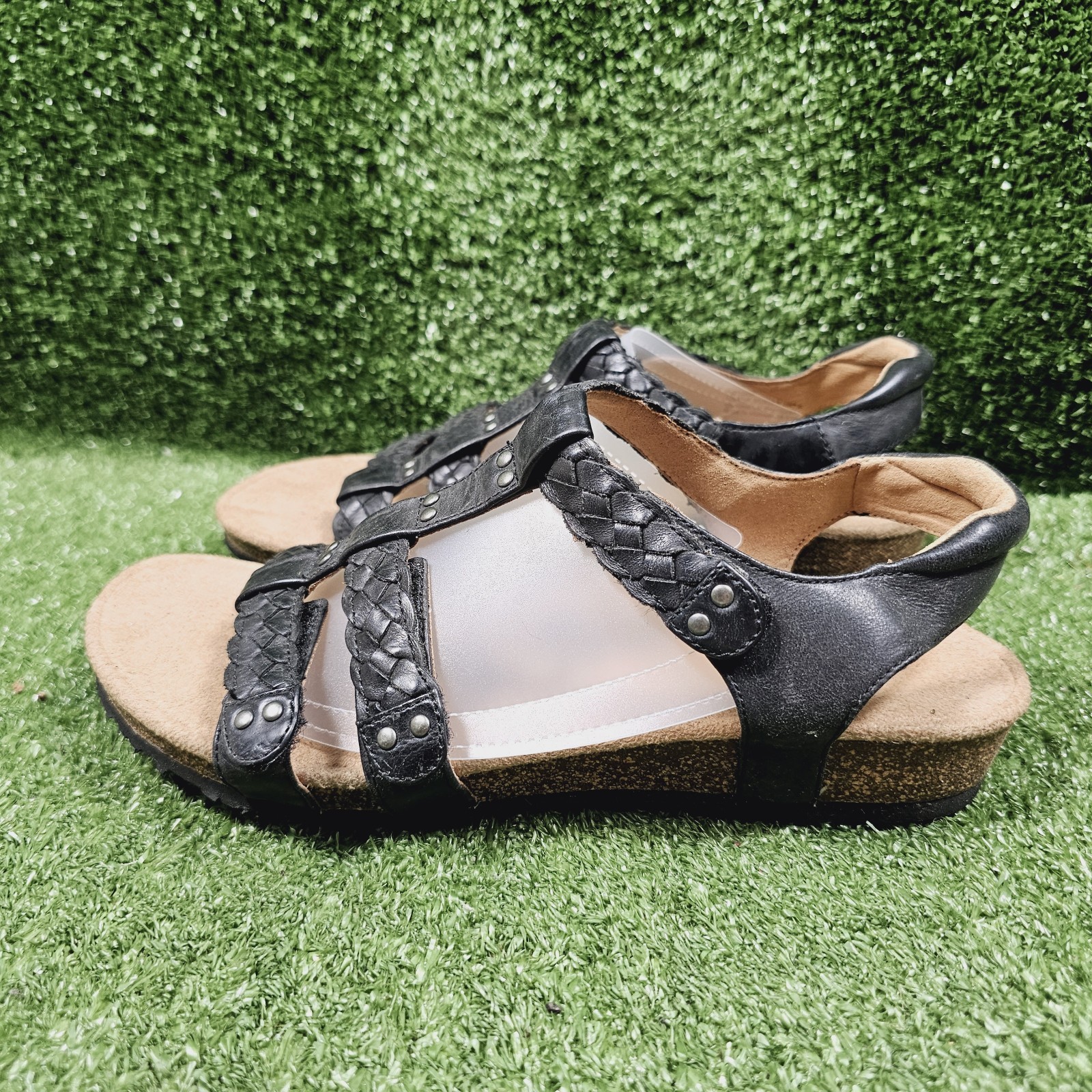 Aetrex Reese Black Leather Braided Comfort Strappy Sandals Womens Size 9