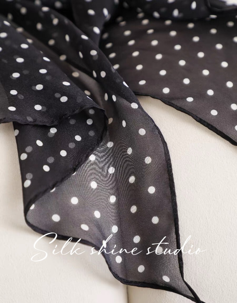 Chic Black & White Polka Dot 100% Silk Scarf -Lightweight 63″x12″ Oblong Summer