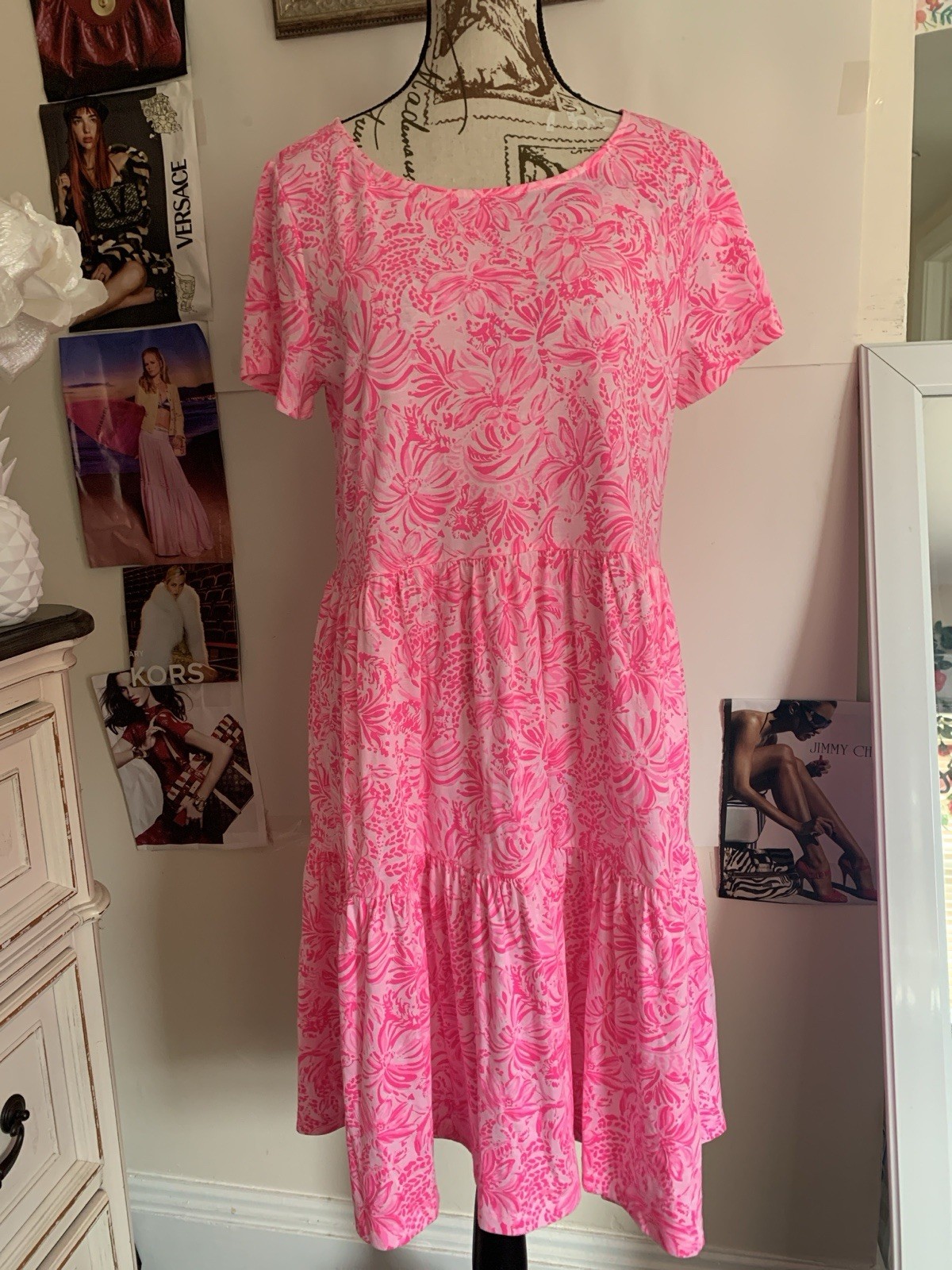 Lilly Pulitzer Pink/White Floral Tiered Scoop Neck Midi Dress Cotton L