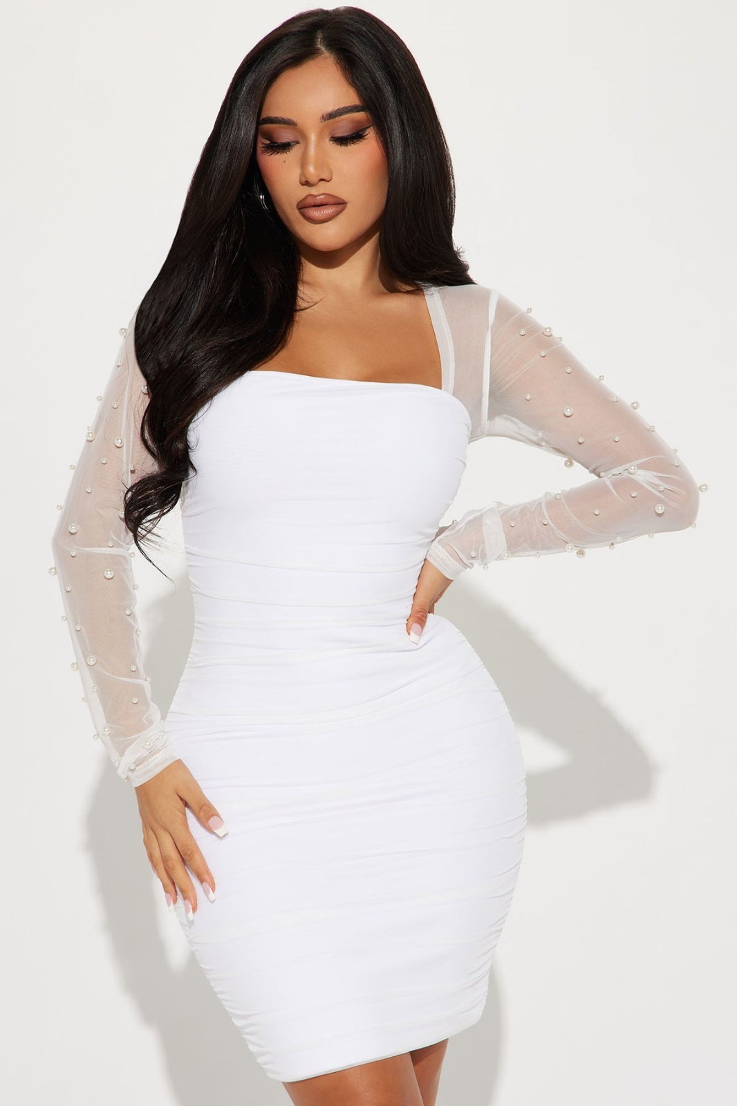 Fashion Nova White Pearl Maia Mesh Ruched Mini Dress 1X Wedding Bridal NWOT