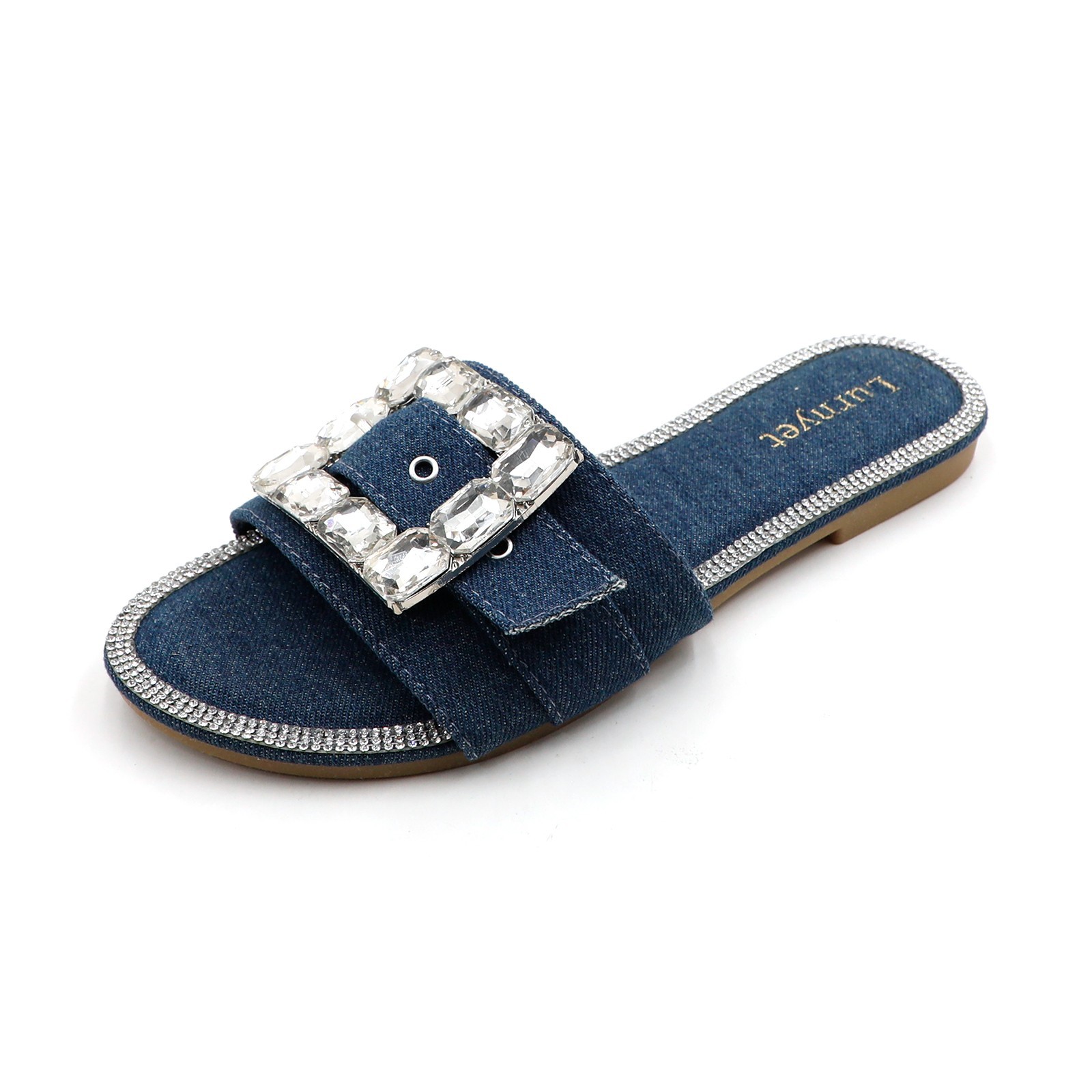 Lurnyet Women’s Denim Sandal with Crystal Embellished Buckle Flat Slip-On