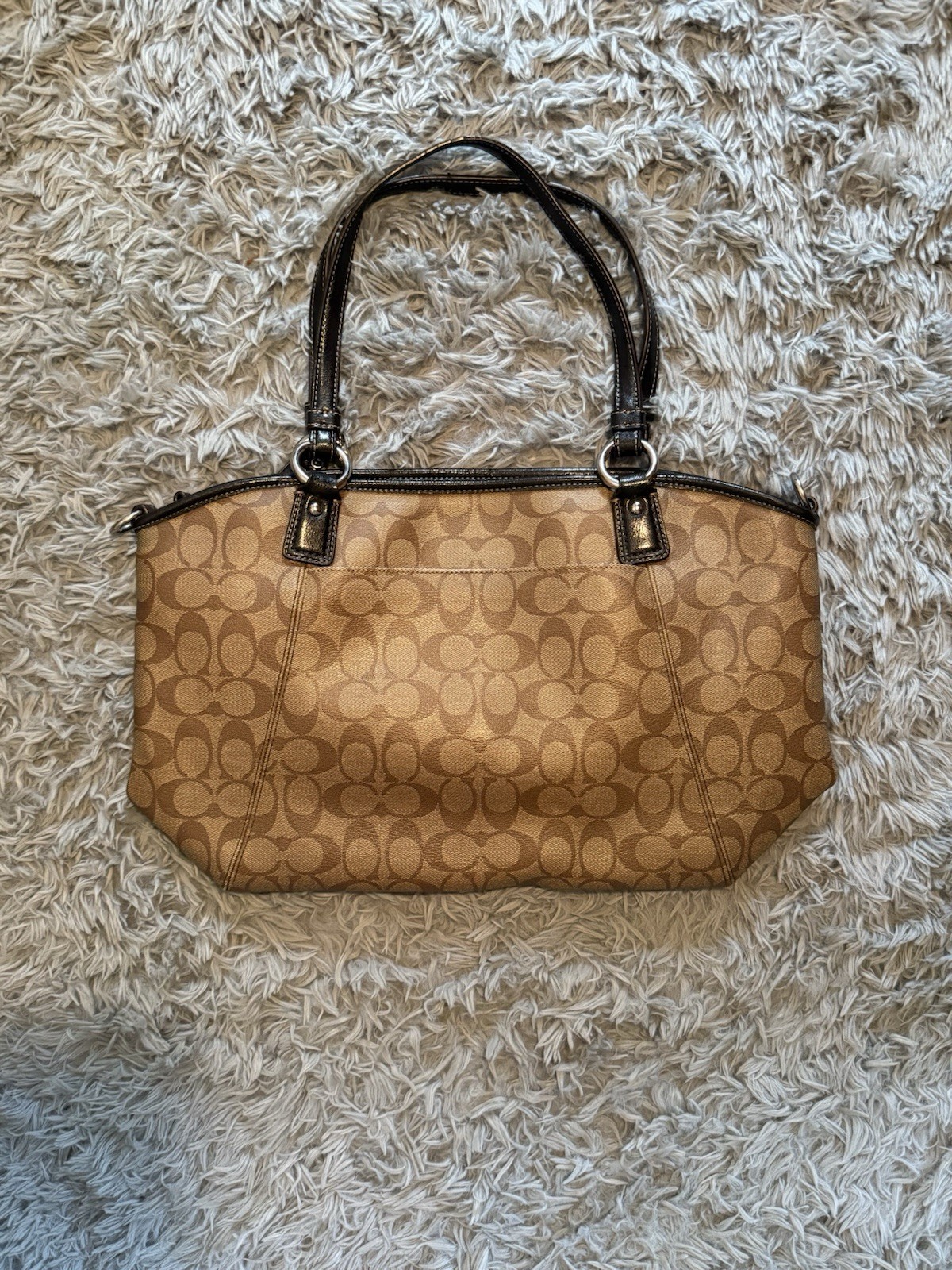Coach Signature Monogram Satchel Top Handle Tan/Brown Zip Silver Charm Pockets