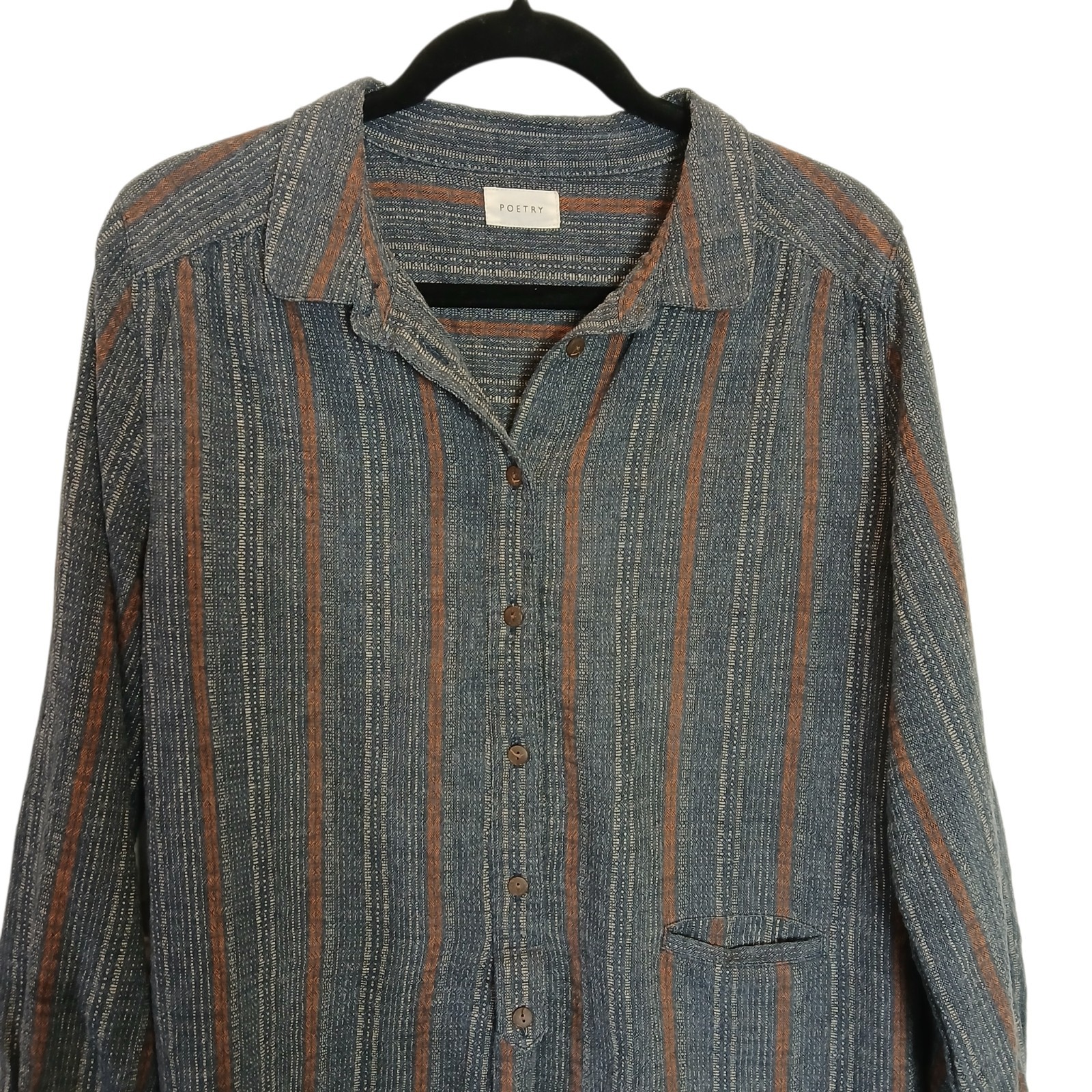 POETRY Shirt Size 8 Womens Hemp Organic Cotton Blend Blue Striped Button Down