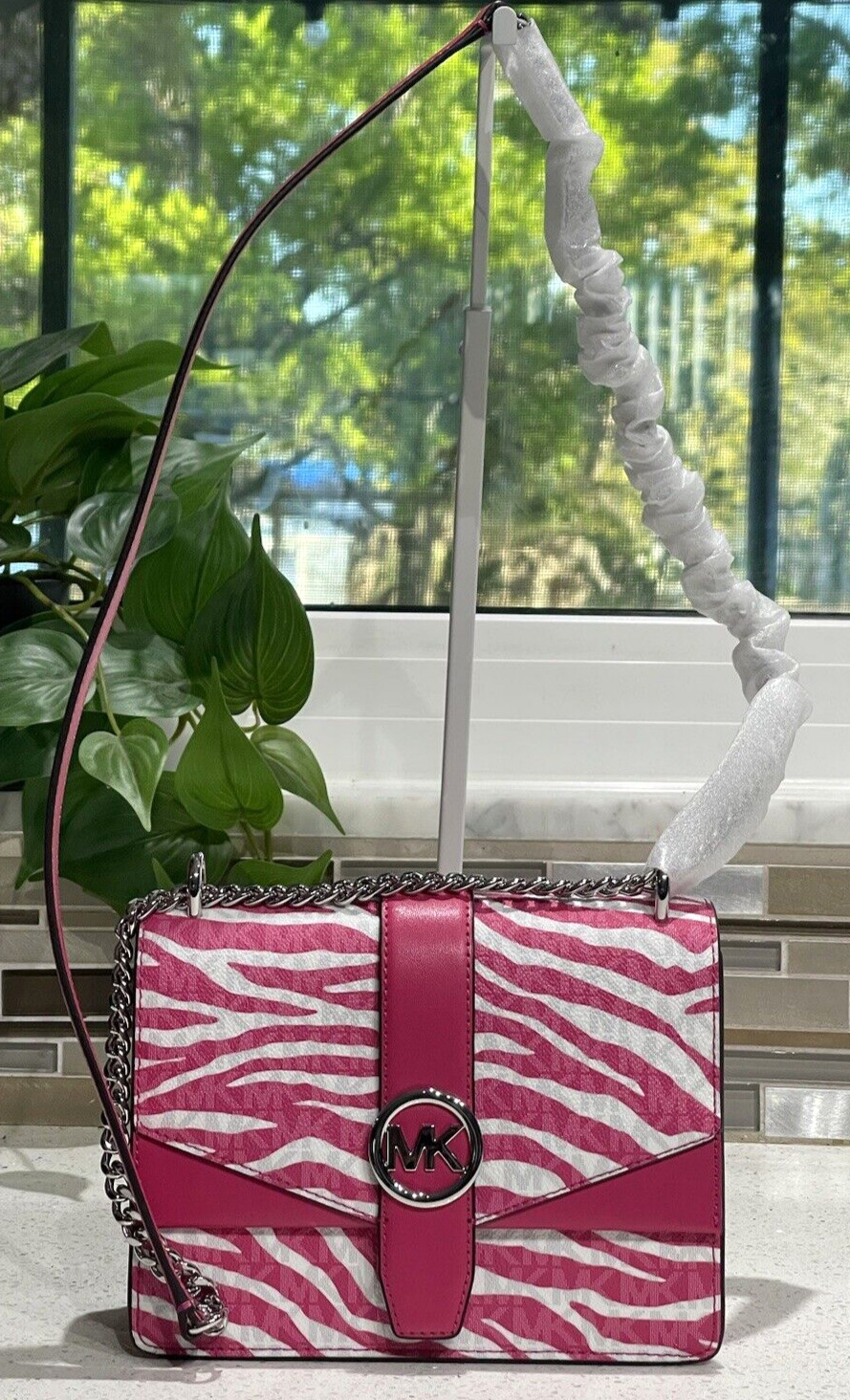 MICHAEL KORS GREENWICH SMALL FLAP CROSSBODY MK CHAIN BAG TOTE PINK ANIMAL ZEBRA