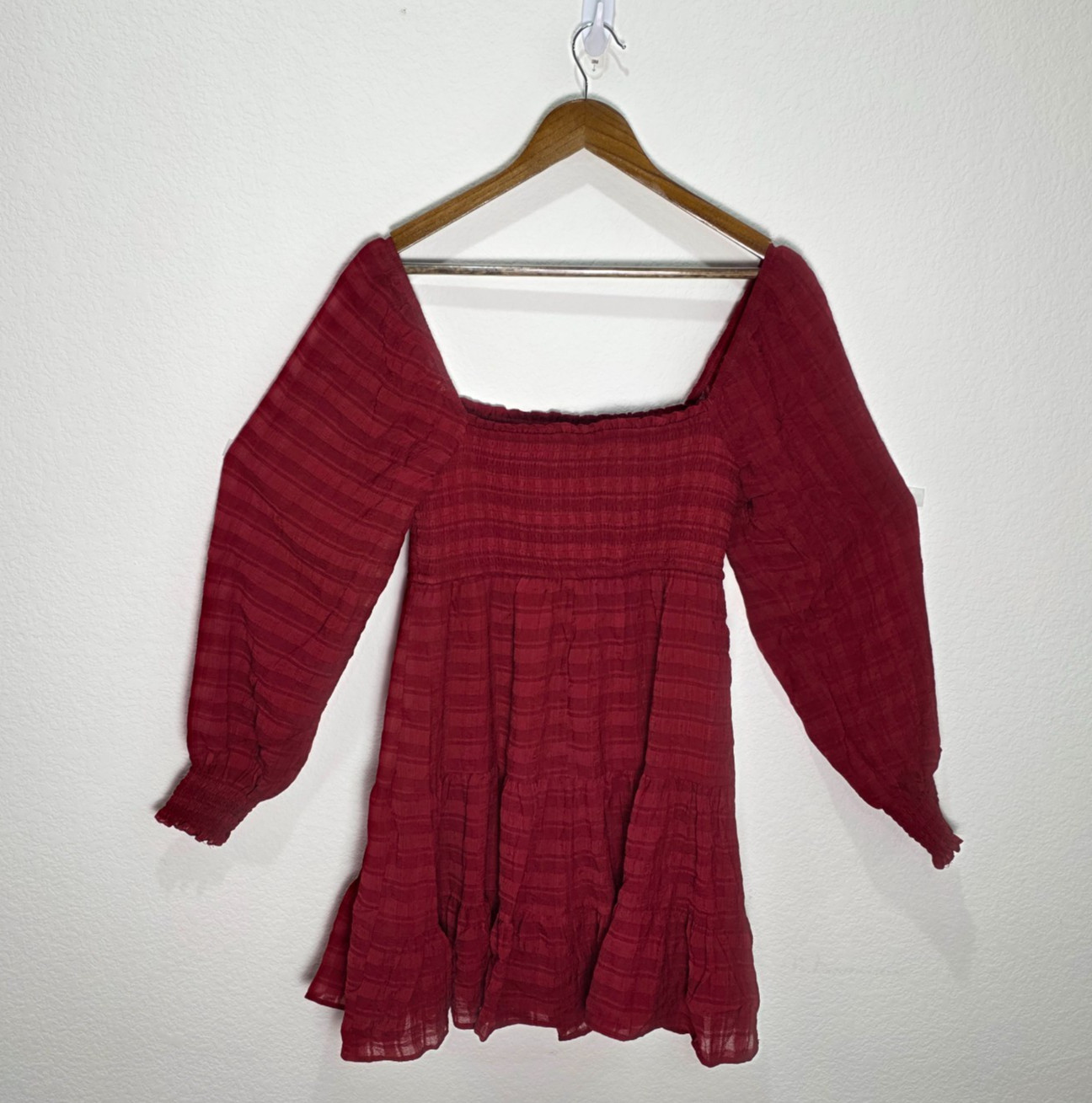 Boho Cottagecore Rust Red Smocked Long Sleeve Tiered Mini Dress L