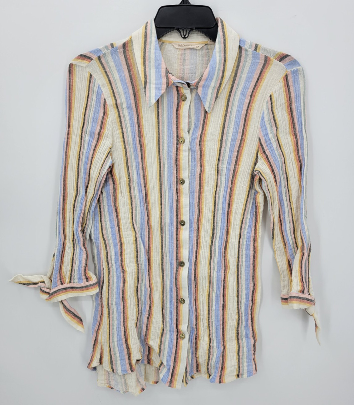 Soft Surroundings Top Womens Small Striped Gauze Tie Cuff Boho Beachy Blouse