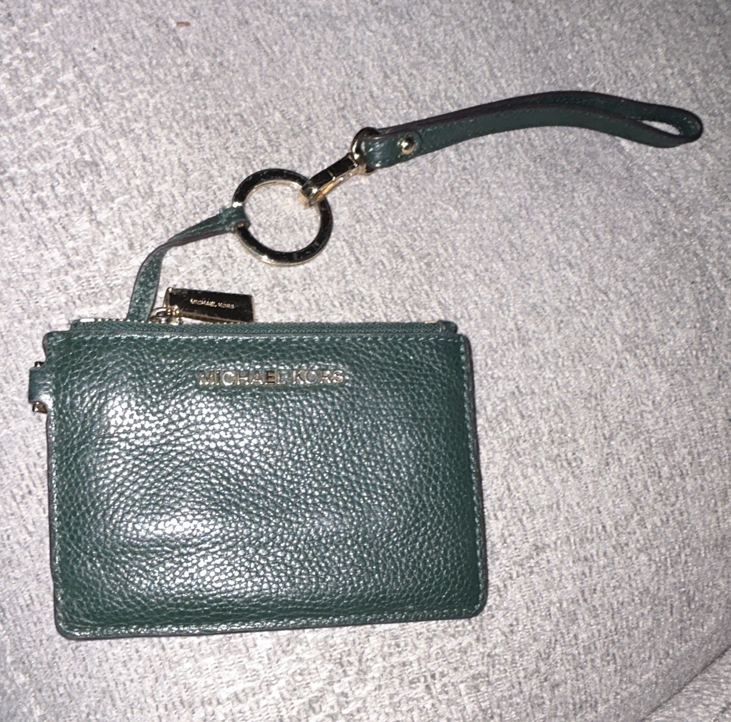 Michael Kors Green Pebbled Zip Wristlet w/ Logo, Key Clip, Gold Hardware