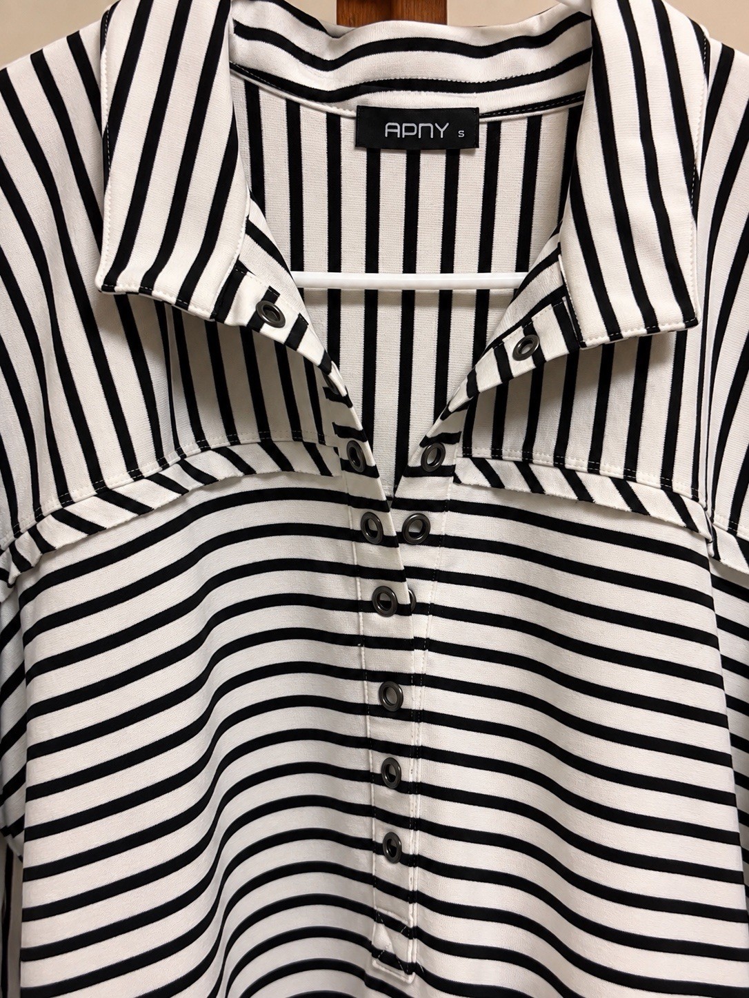 APNY Black/White Striped Collared Long Sleeve Button Knit Cotton Top Size S