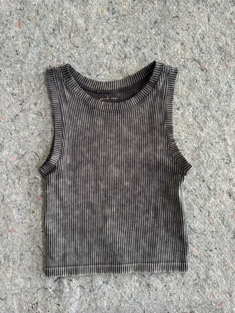 Pink Rose S/M Black Acid Wash Ribbed Crop Tank Top High Neck Racerback Y2K