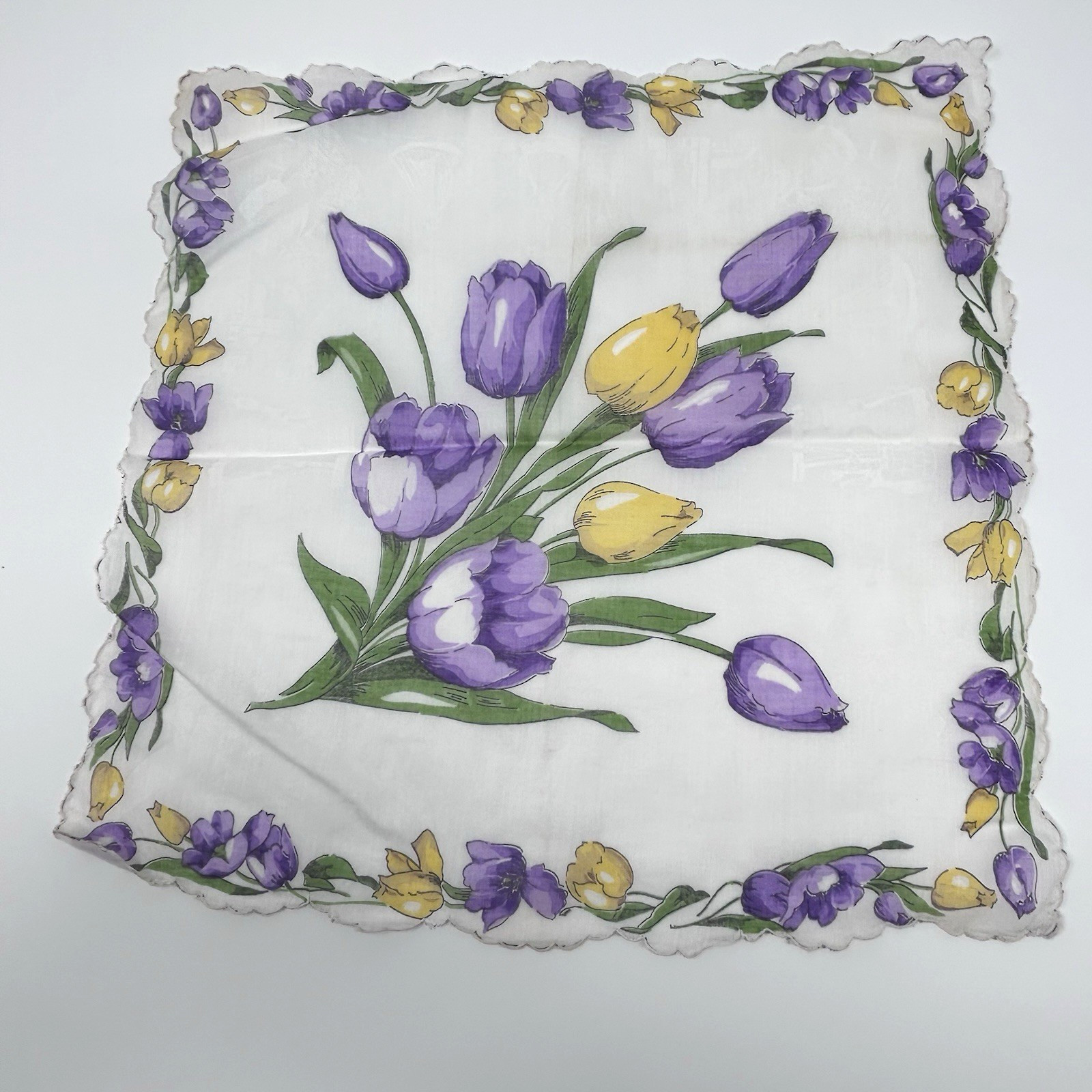 Vintage 1950s Purple Yellow Tulips Handkerchief Dutch Windmill Ship 12.75″