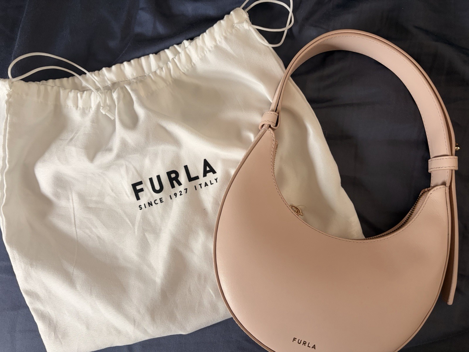 Furla Beige Crescent Shoulder Bag Zip Closure Logo Accent Gold Hardware Dust Bag