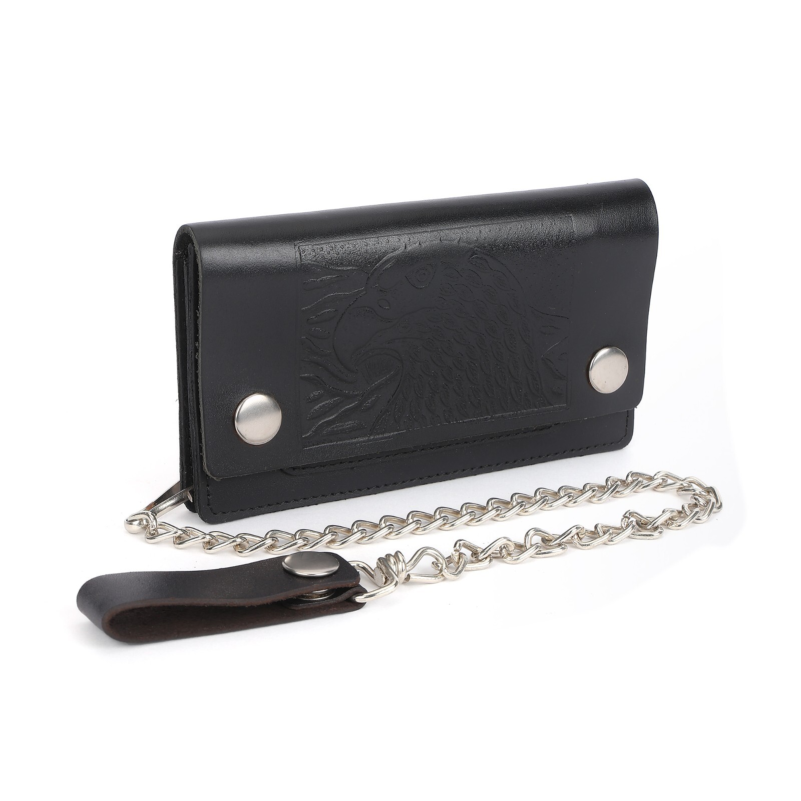 Leatherboss Leather Men Large Eagle Wallet with Chain Biker Trucker, Black