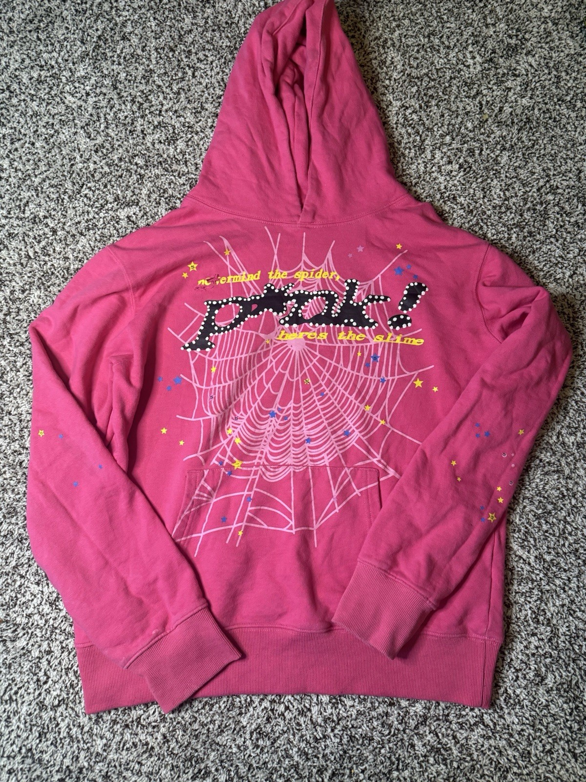 SP5DER PUNK Pink Pullover Hoodie Fleece Cotton/Poly Spiderweb Graphic Pockets