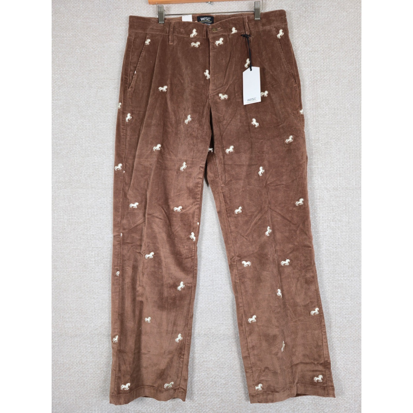 WeSC Relaxed Fit Corduroy Unisex Pants Bison Brown Embroidered Horses 34×32 NWT