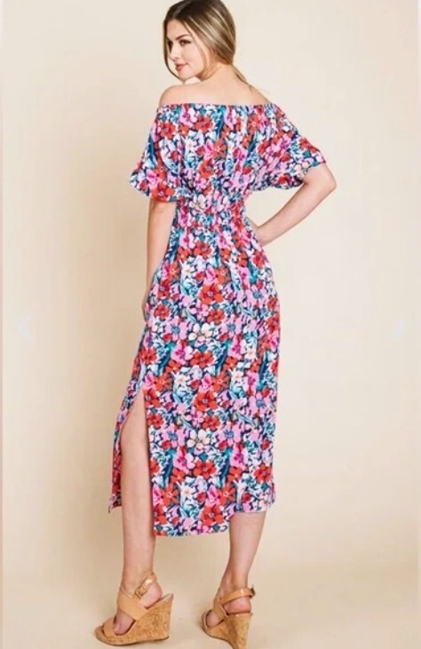 NWT Ott Lime N Chili Size L Teal Pink Red Floral Off Shoulder Midi Dress Pockets