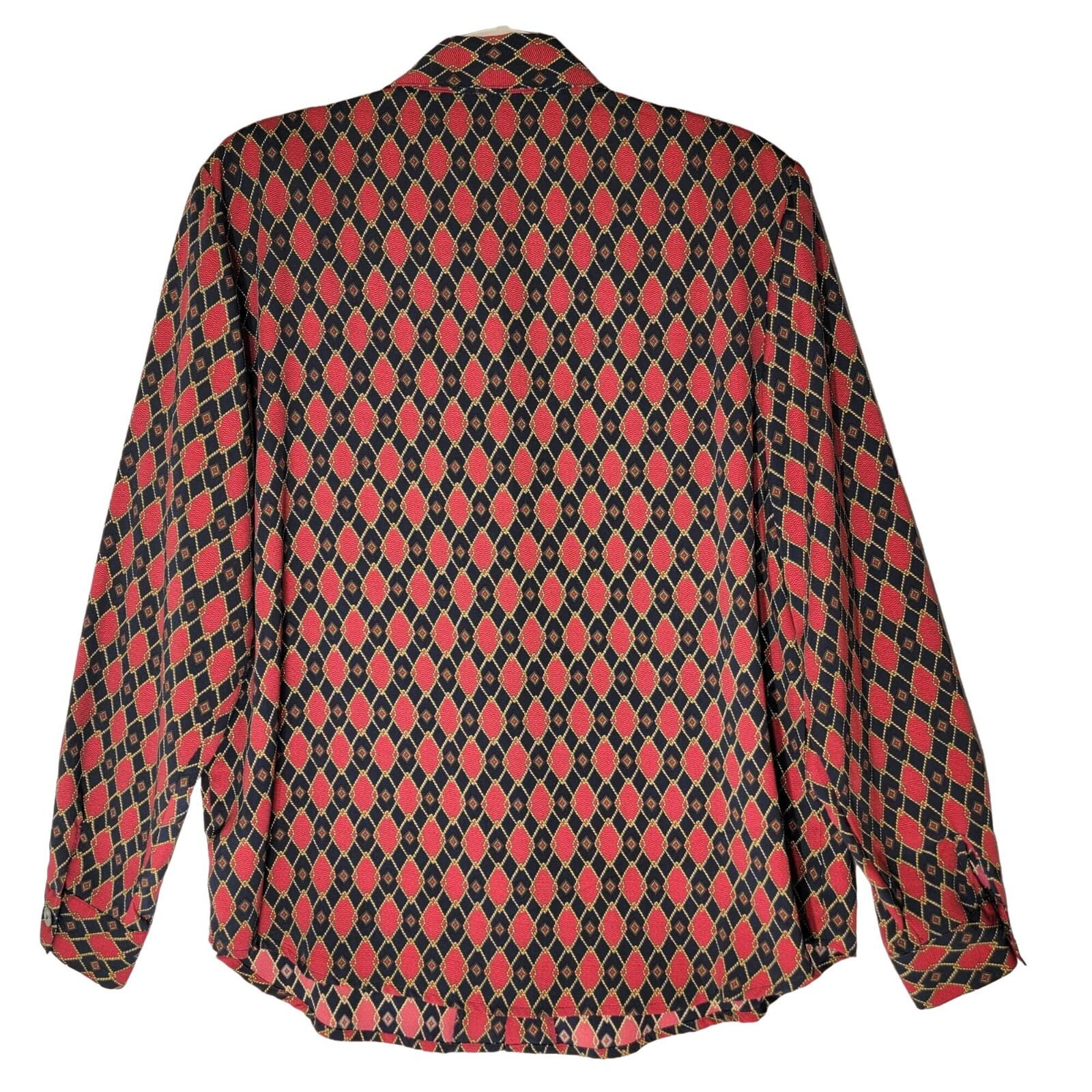 Vtg Secretary Blouse Womens 1X Chain Print Buttons Padded Retro Office Mature