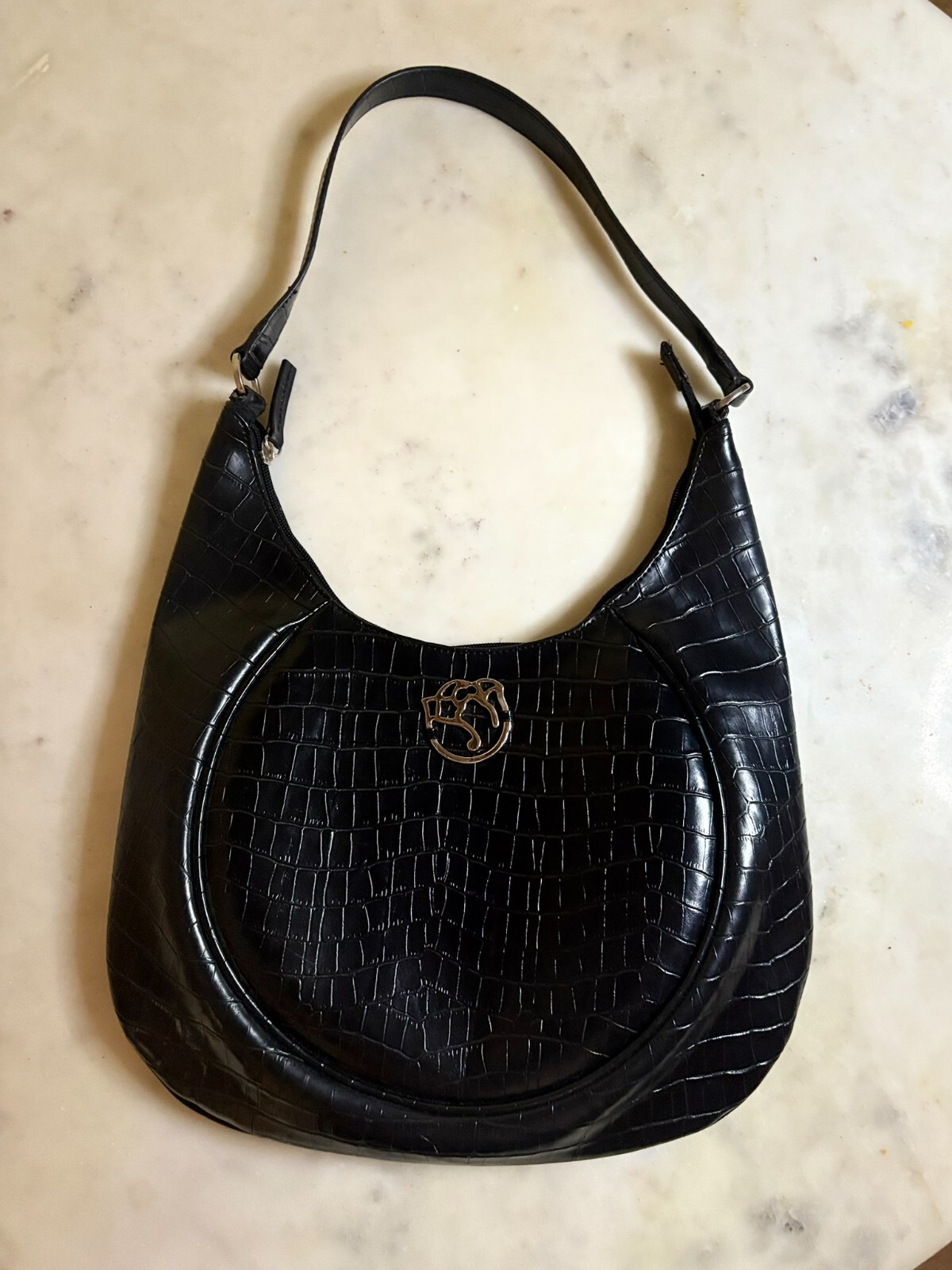 BRACCIOLINI Black Crocodile Embossed Handbag | Italian Saddlebag Purse