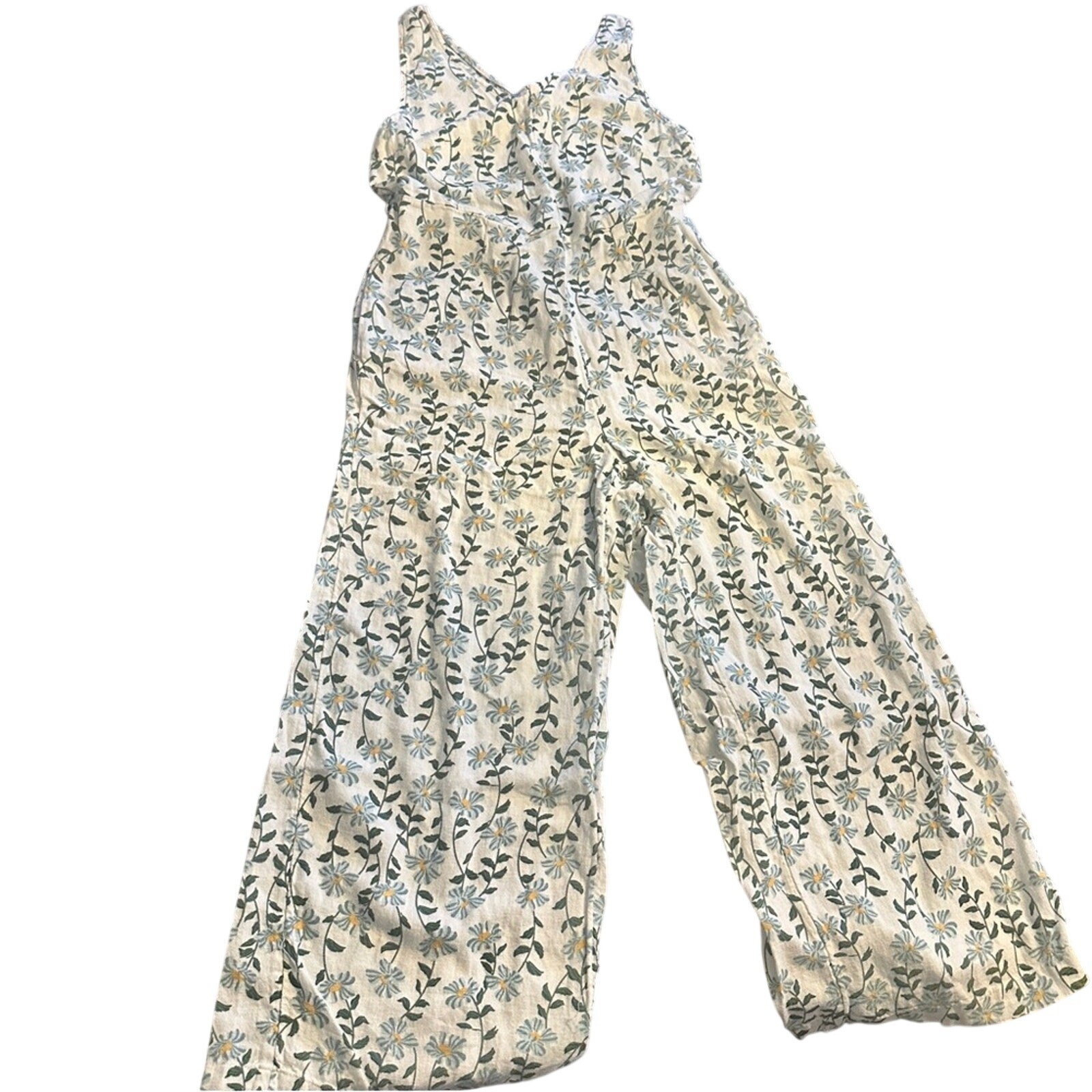 DIP Linen Blend Floral Cropped Jumpsuit Cottagecore Wide Leg Pockets Size 6