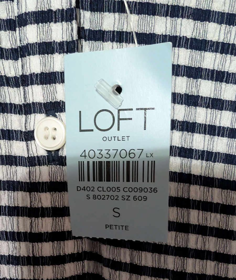 NWT Loft Outlet Navy/White Stripe Seersucker Blouse Lightweight SZ SP Spring 26