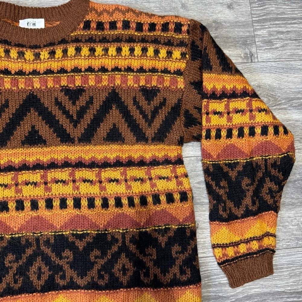 Together! Vintage 90s Wool Blend Geometric Tribal Knit Sweater Mens Large Brown
