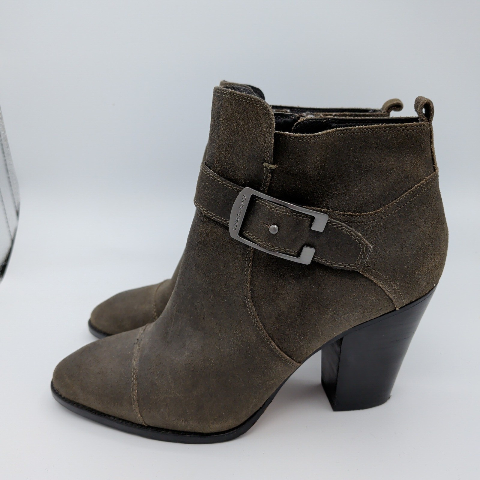Donald Pliner Sage Suede Buckle Ankle Boots Women’s 9.5M Olive Brown Block Heel